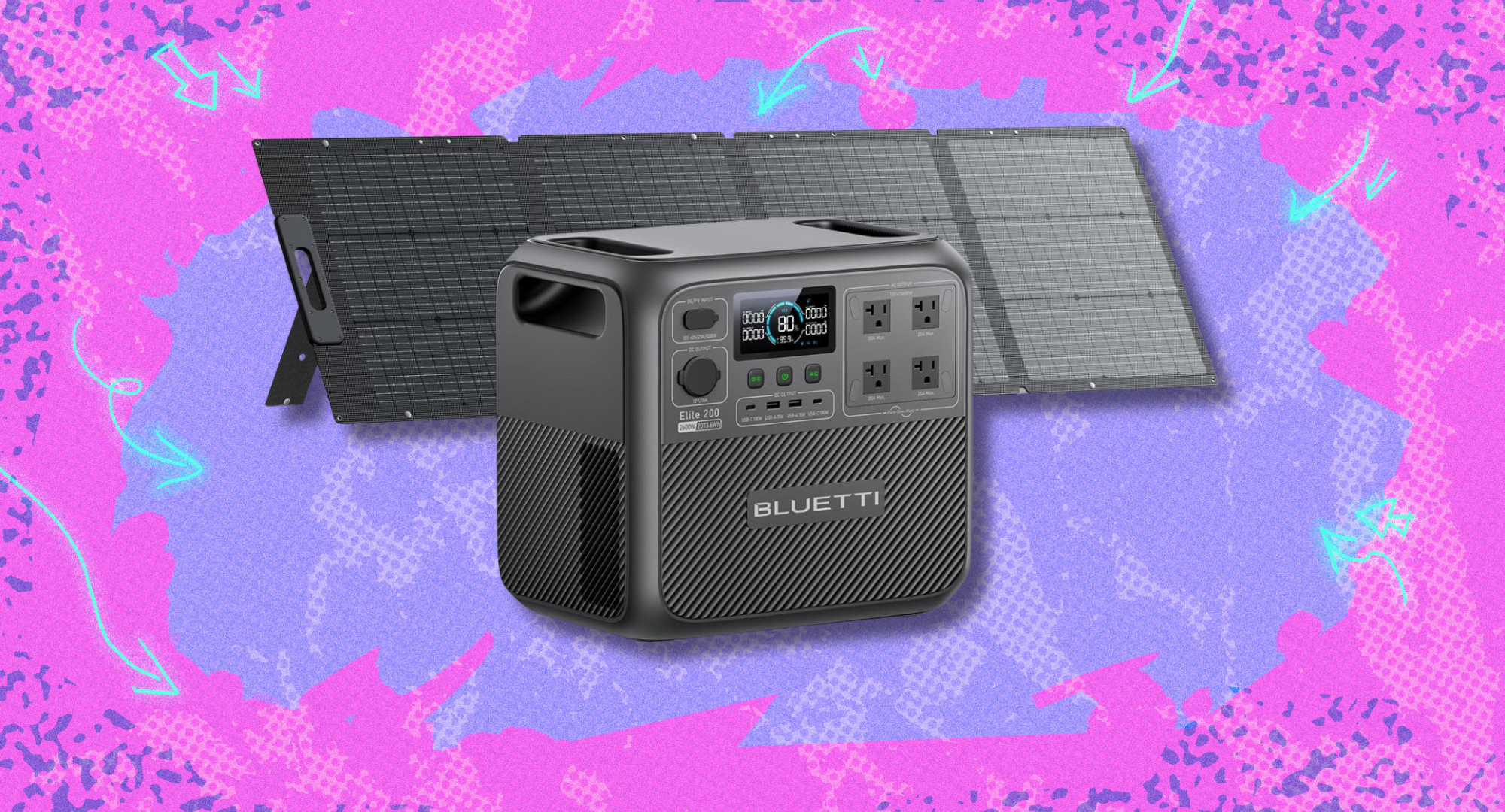 A Bluetti solar generator against a purple and pink background.