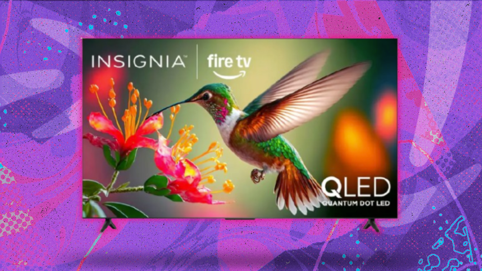 Insignia QLED Fire TV with hummingbird on screen against a purple and pink colorful background