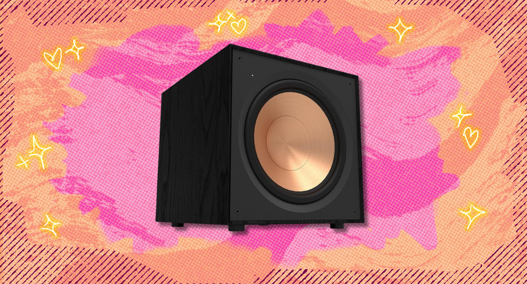 Klipsch subwoofer against a colorful background.