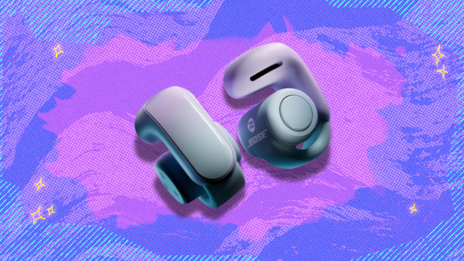 Bose Ultra Open earbuds in lilac with purple and blue background