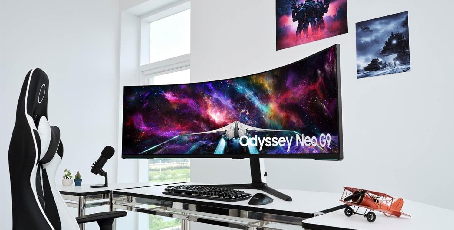 the Samsung Odyssey Neo G9 gaming monitor on a desk