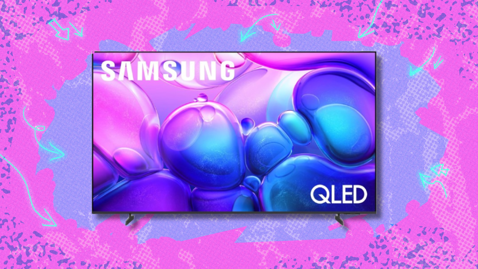 Samsung Q6F QLED TV with pink and purple background