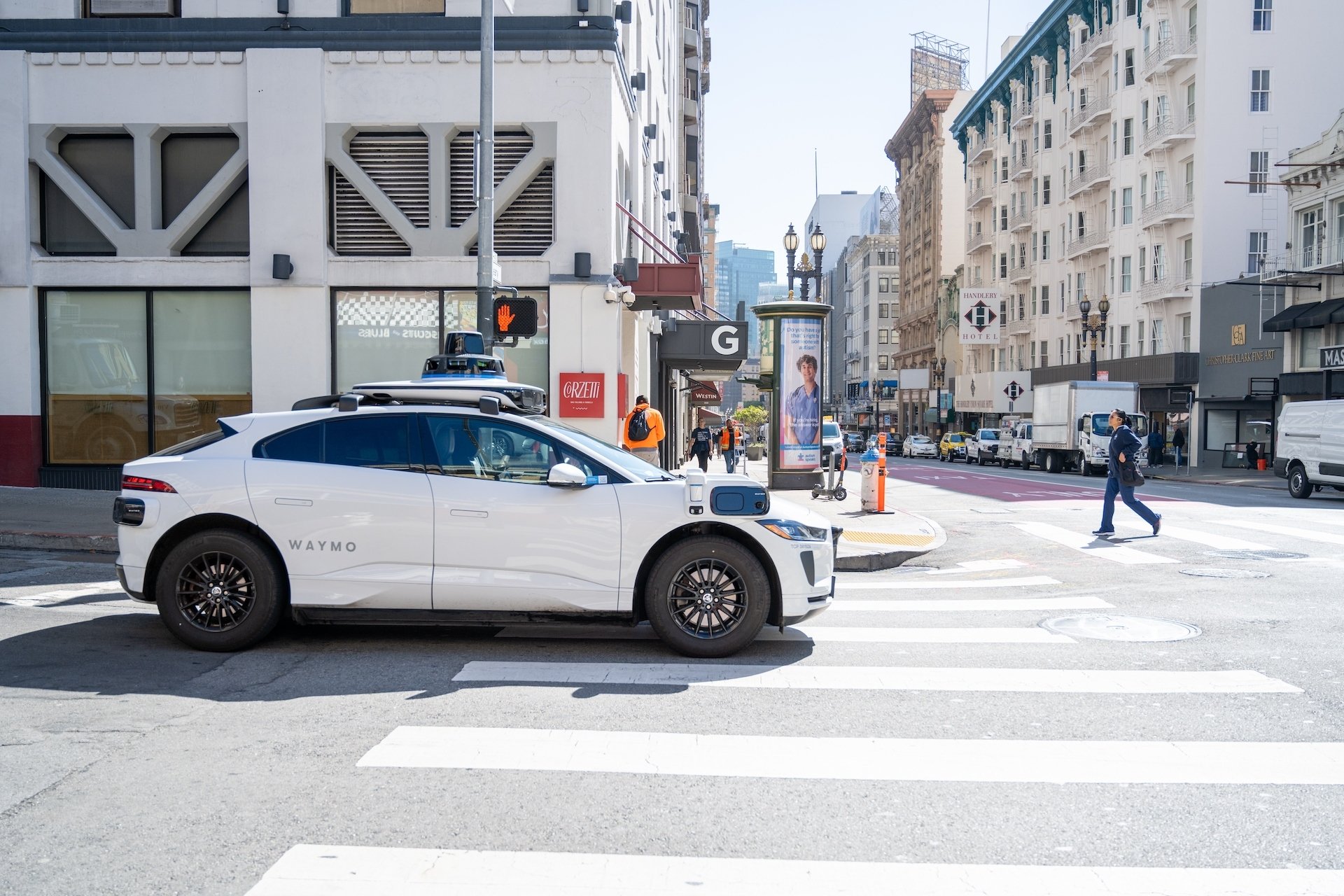 Waymo car in a San Francisco intersection. 