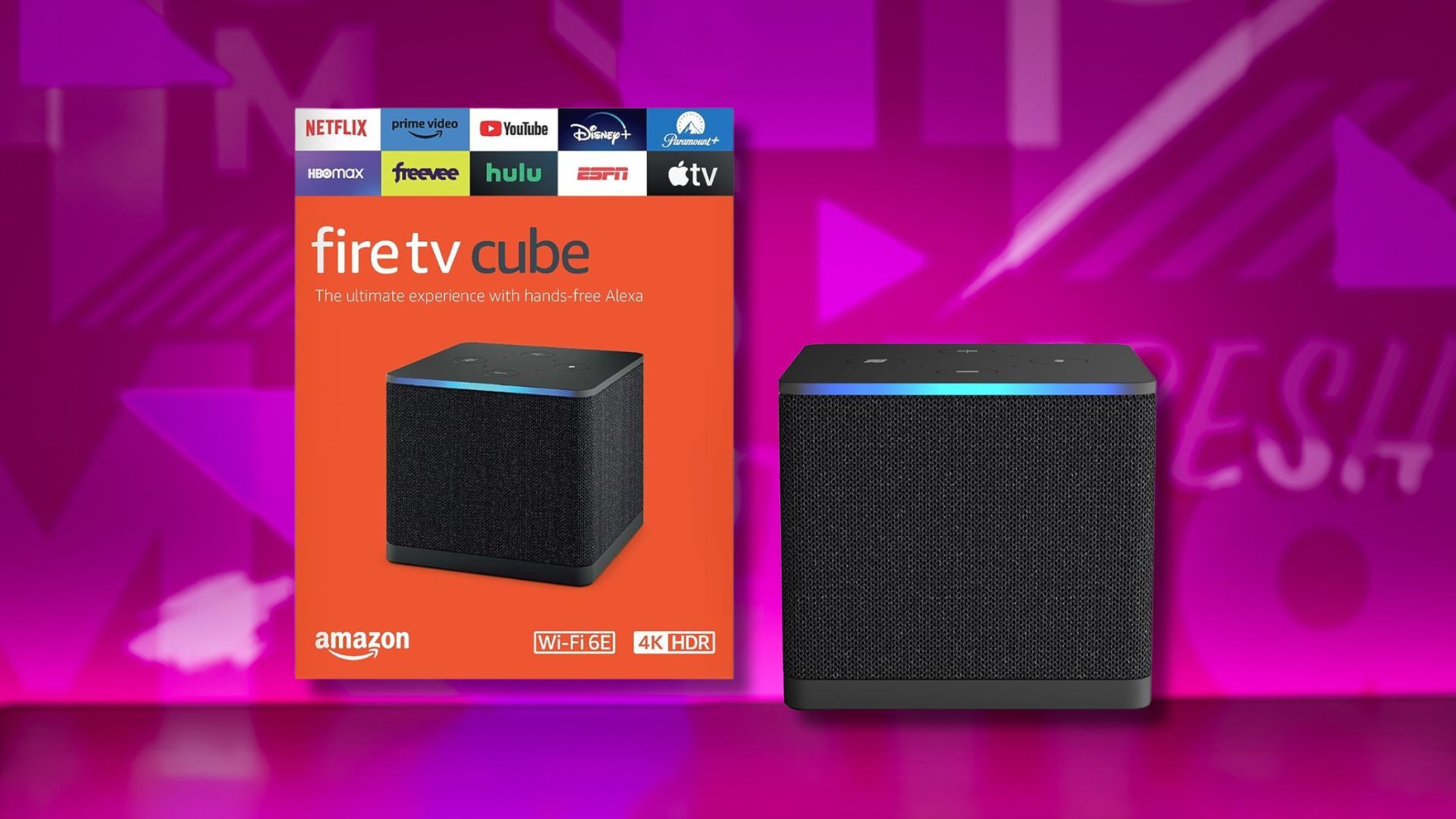 fire tv cube streaming device and box against a pink patterned background