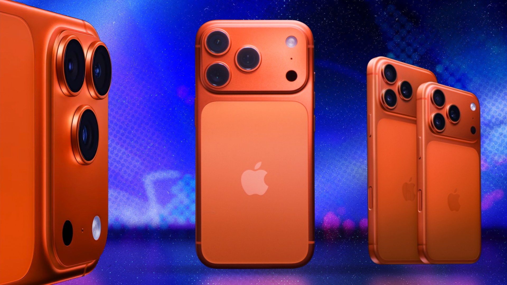 orange iphones against a blue background
