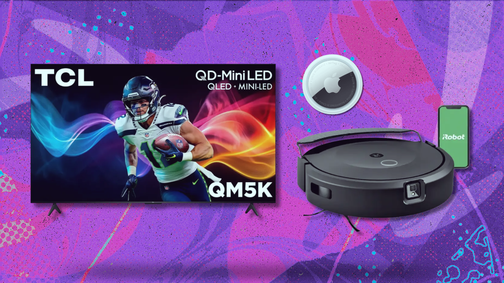 a tcl tv, irobot roomba, and apple airtag against a pink and purple background