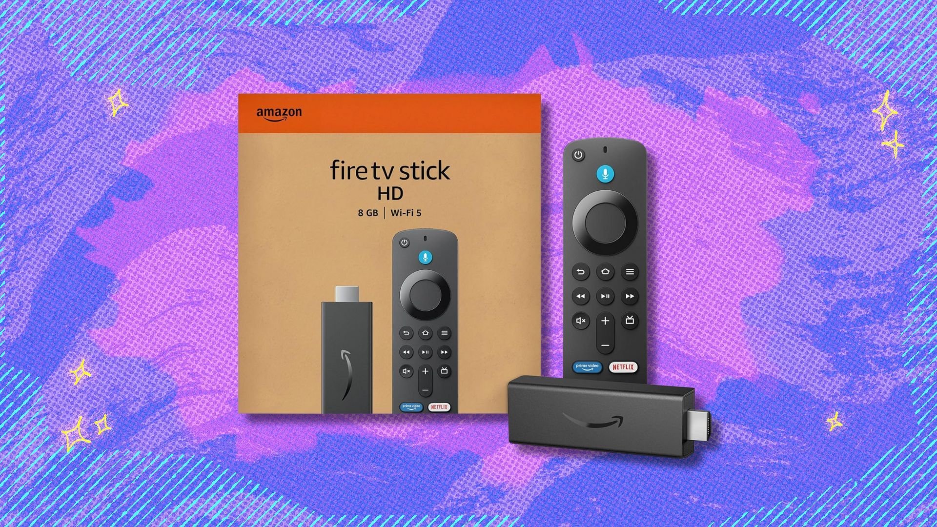 fire tv stick hd streaming stick and box against a purple patterned background