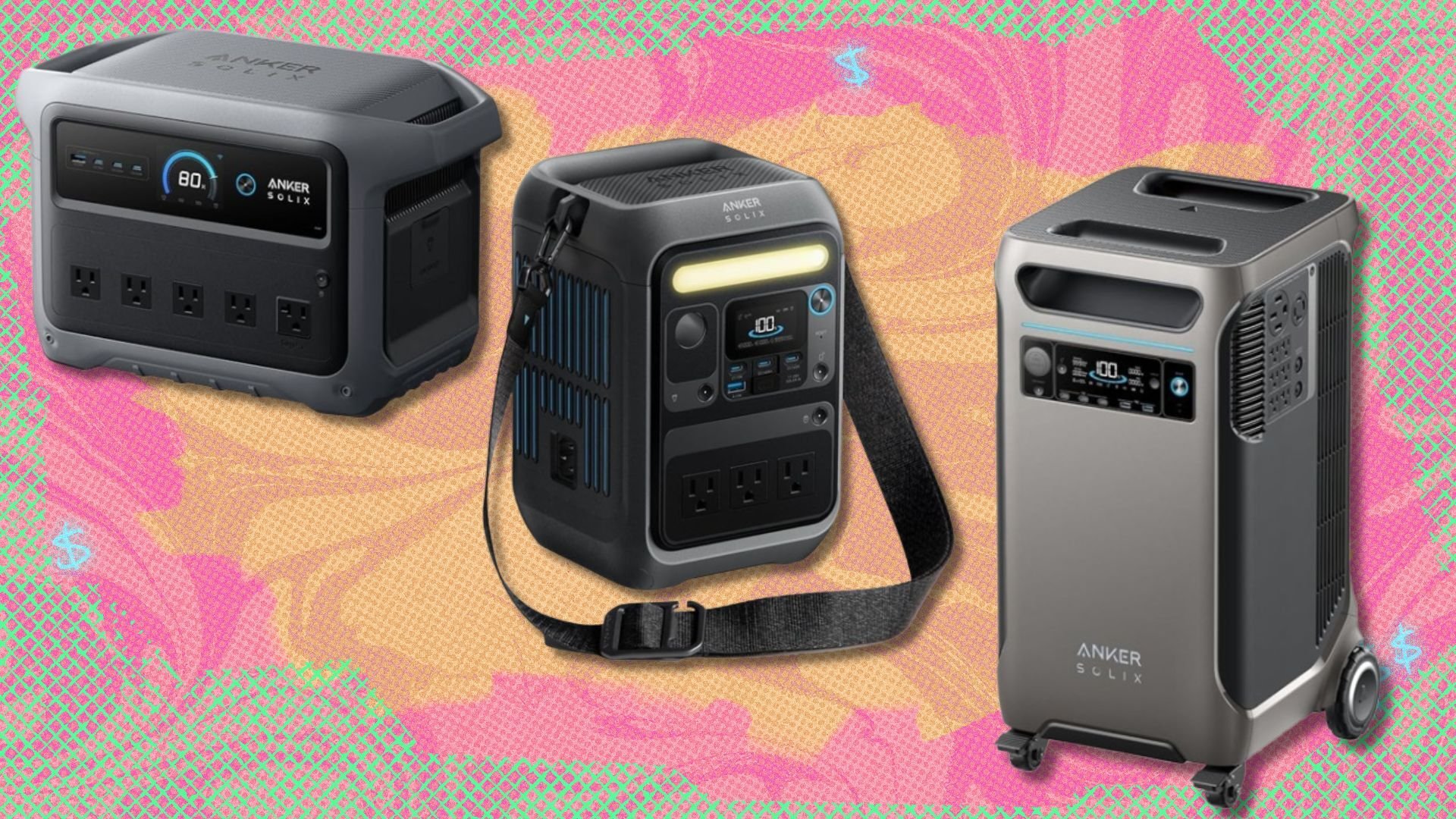 several anker portable power stations on a pink, orange, and brown background