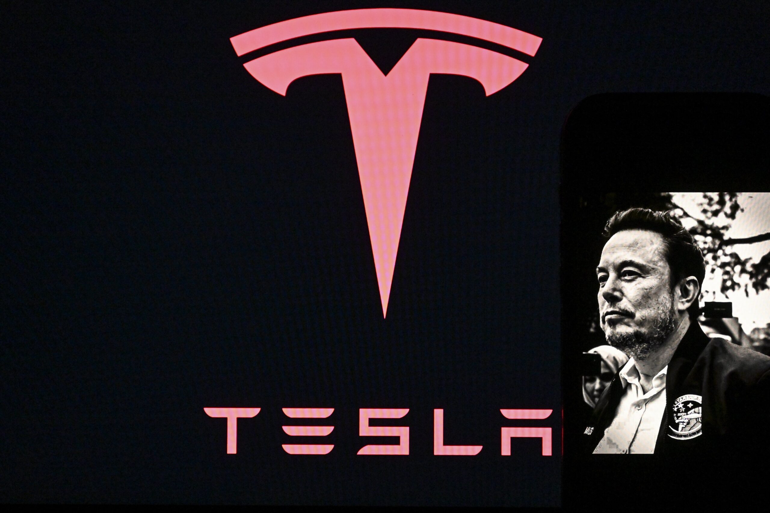 Tesla logo next to Elon Musk