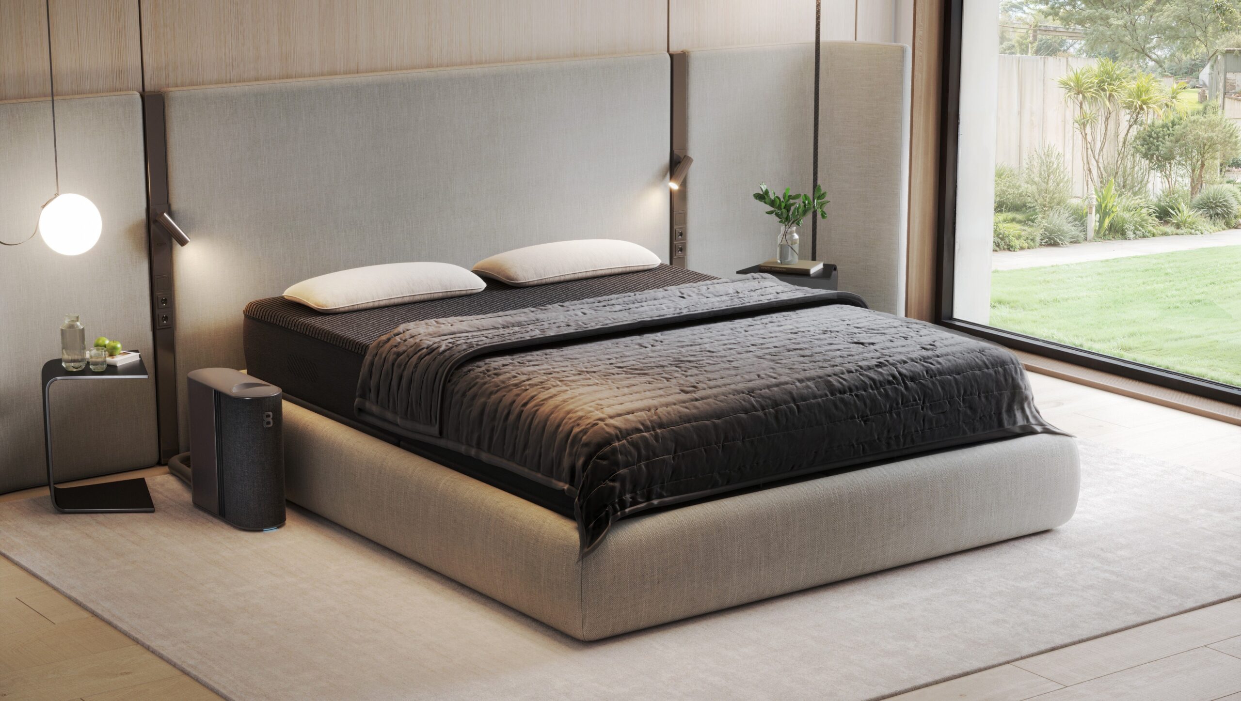 the eight sleep pod bed system on a mattress in a bright and clean bedroom