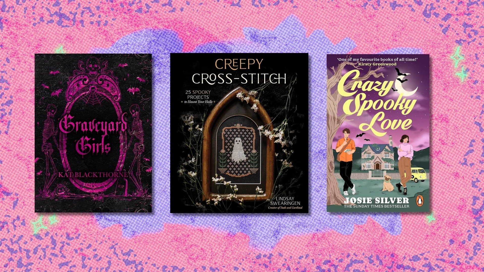 Book covers on pink background