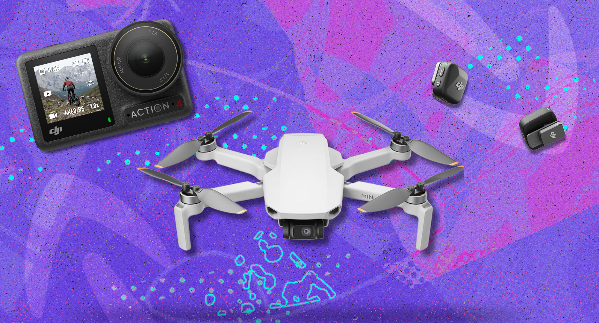 A flat lay image showing three DJI products against a vibrant purple and blue speckled background. In the upper left is the rectangular DJI Osmo Action 4 camera with a screen showing a person biking. In the center is a white DJI Mini 4K drone with its four propellers extended. In the upper right are two small, dark gray DJI Mic Mini wireless microphones.
