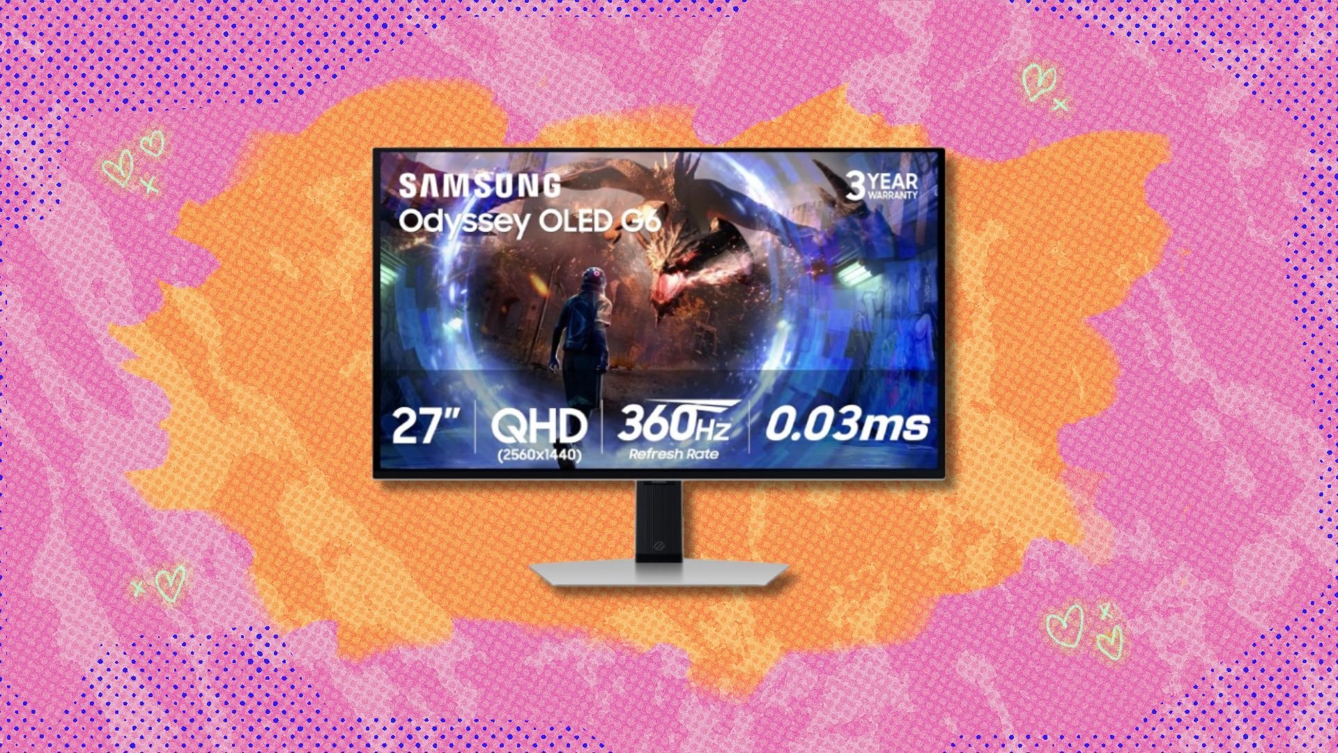 the samsung odyssey gaming monitor on a pink and orange background