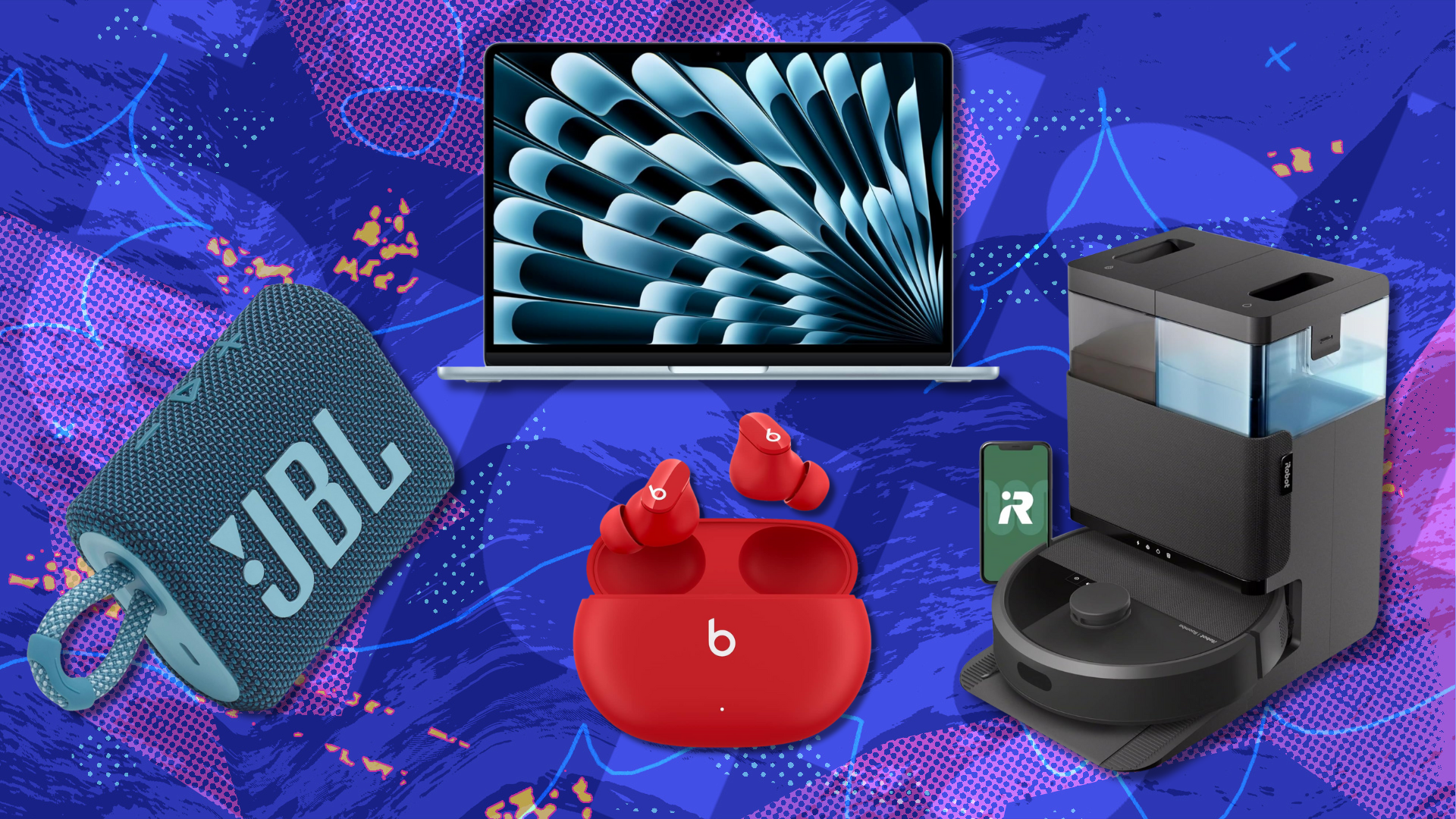 A colorful background with a MacBook Air, iRobot robot vacuum and map, JBL speaker, and Beats Studio Buds.
