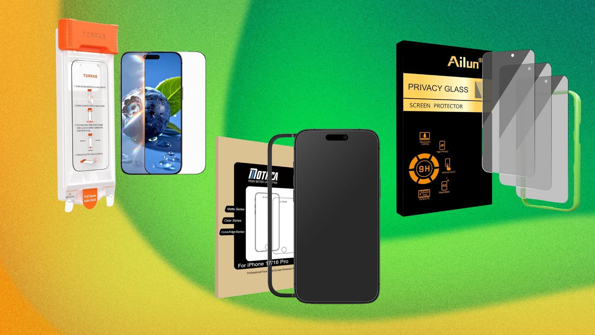 best screen protectors for iphone 17, three different types of screen protector brand photos on a green and yellow abstract background