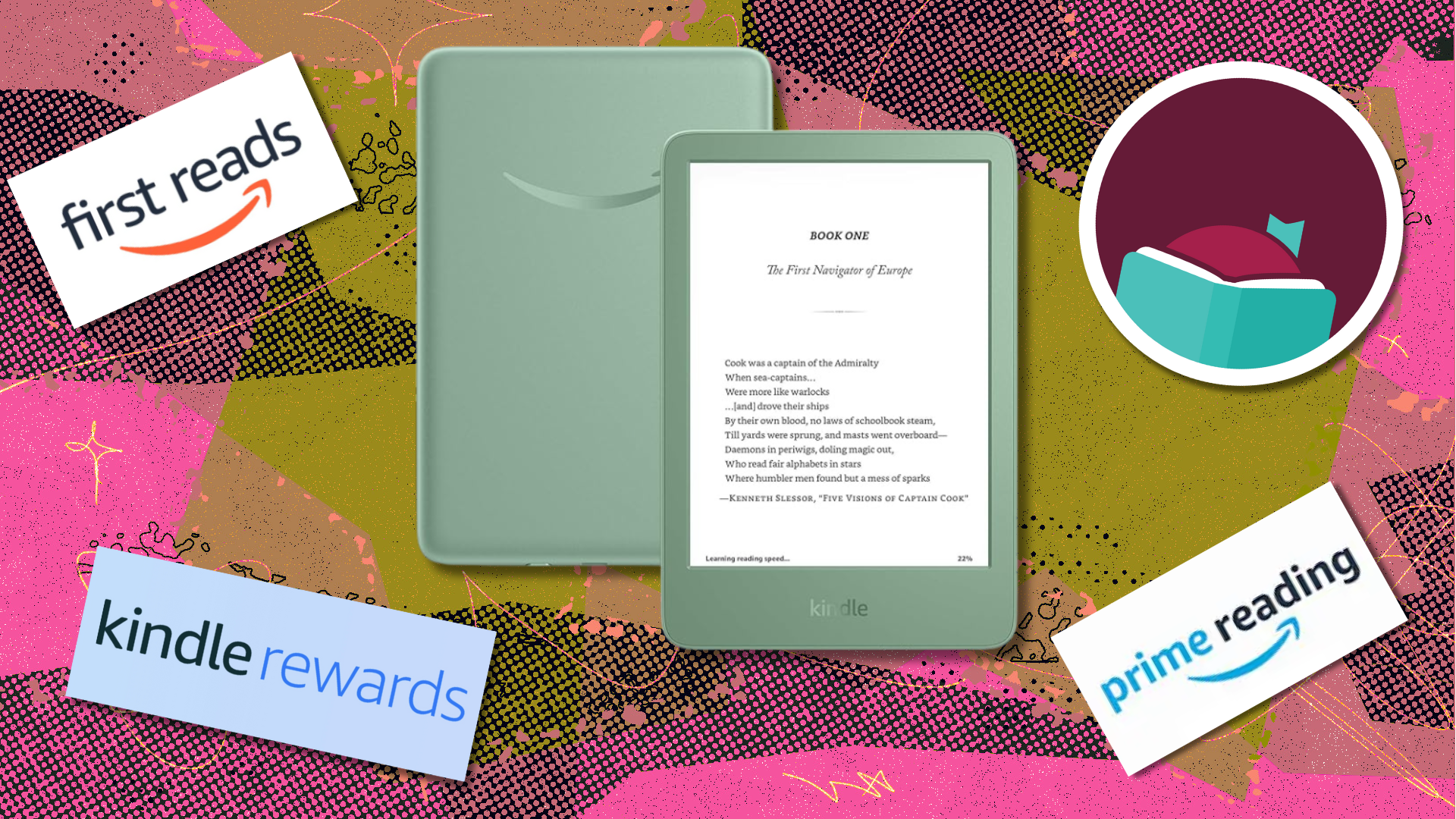 A colorful background with an Amazon Kindle, Amazon logos, and a Libby logo.