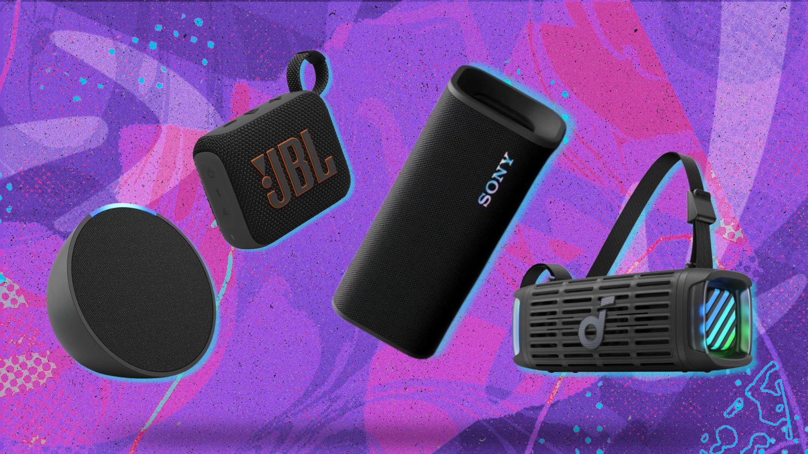 Amazon Echo Pop, JBL Go 4, Sony ULT Field 3, and Soundcore Boom 3i speakers with purple and pink background