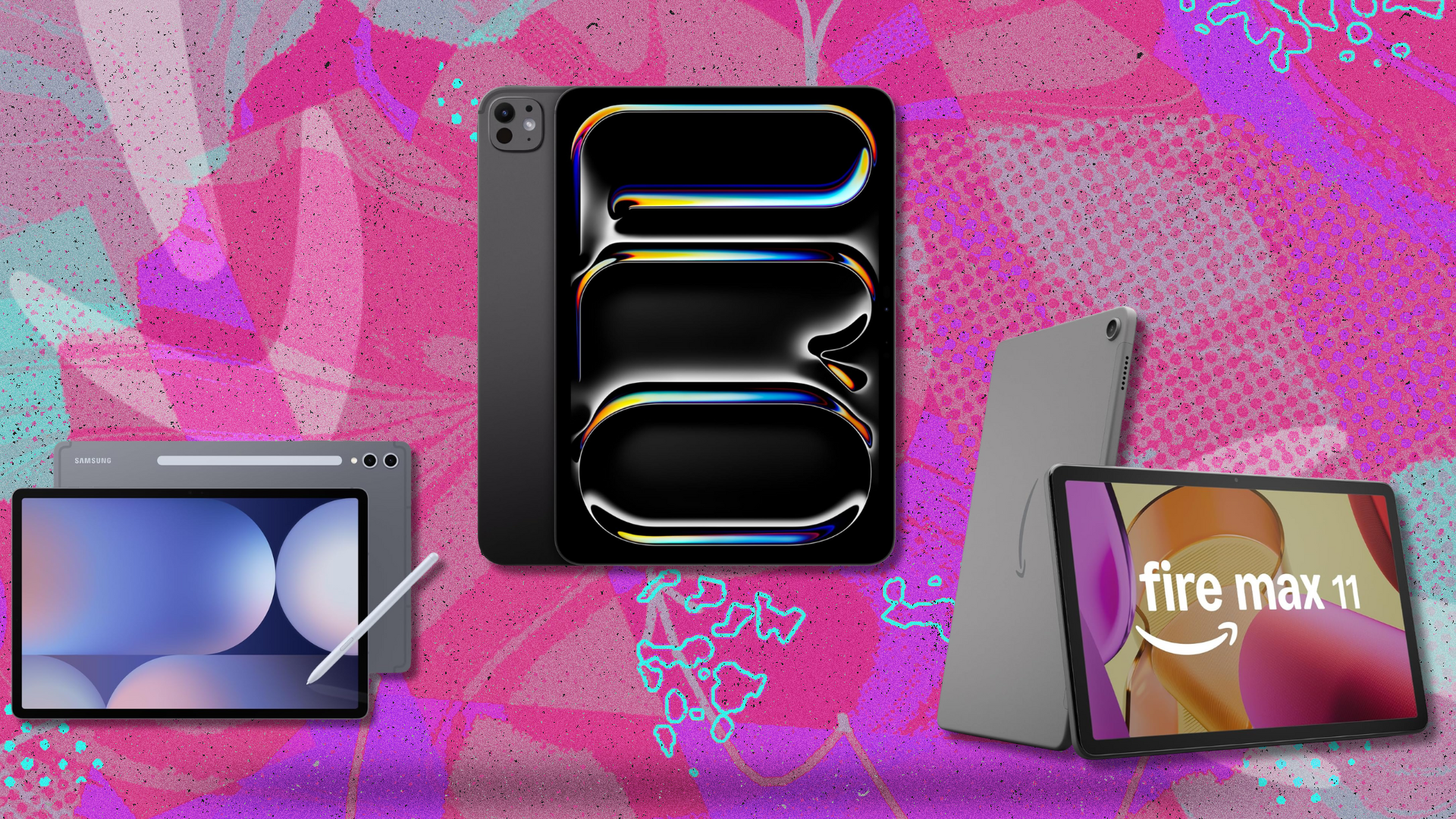 Tablets on pink, purple, and teal abstract background