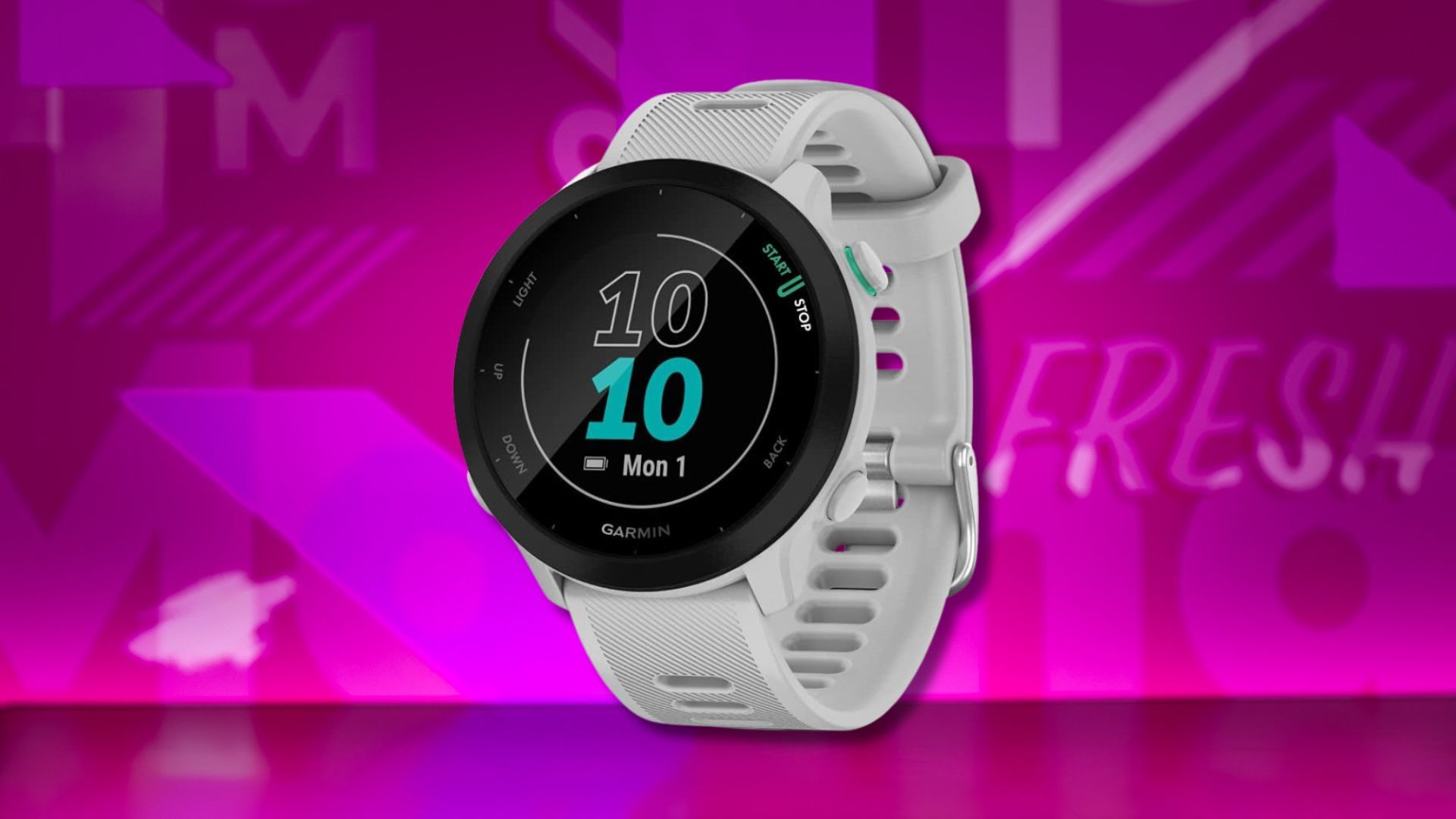 garmin forerunner 55 smartwatch against a pink patterned background