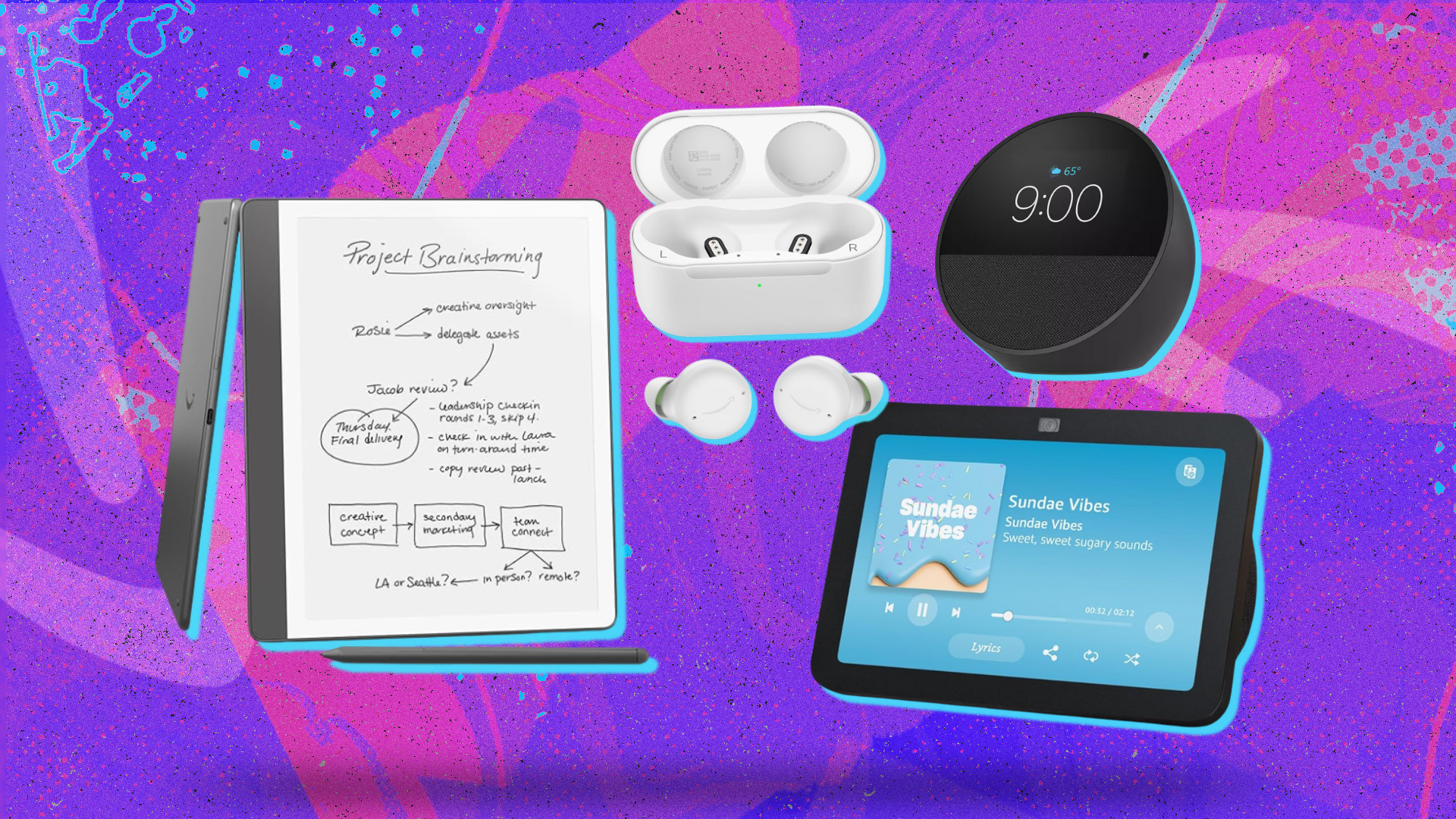 Kindle Scribe, Echo Buds, Echo Spot, and Echo Show arranged on purple, pink, and blue backdrop
