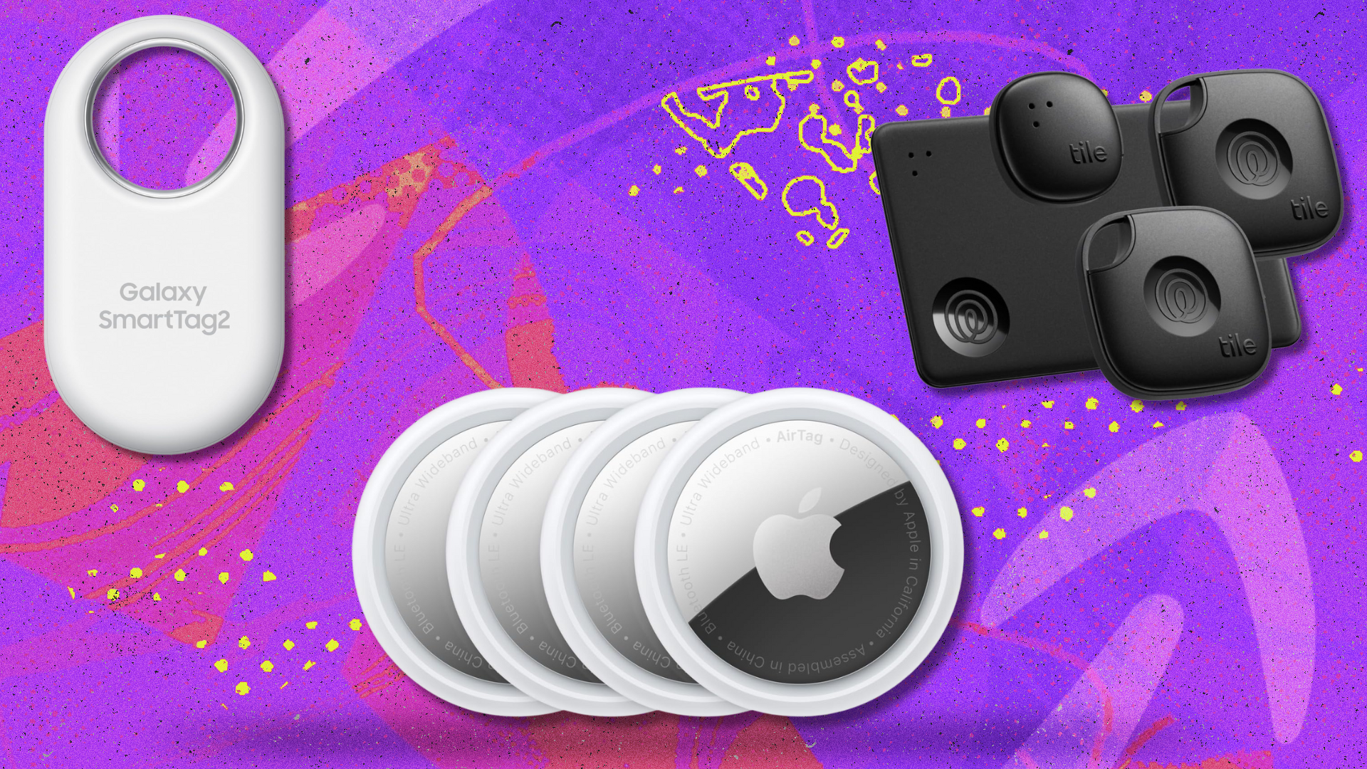 Bluetooth trackers on pink and purple abstract background