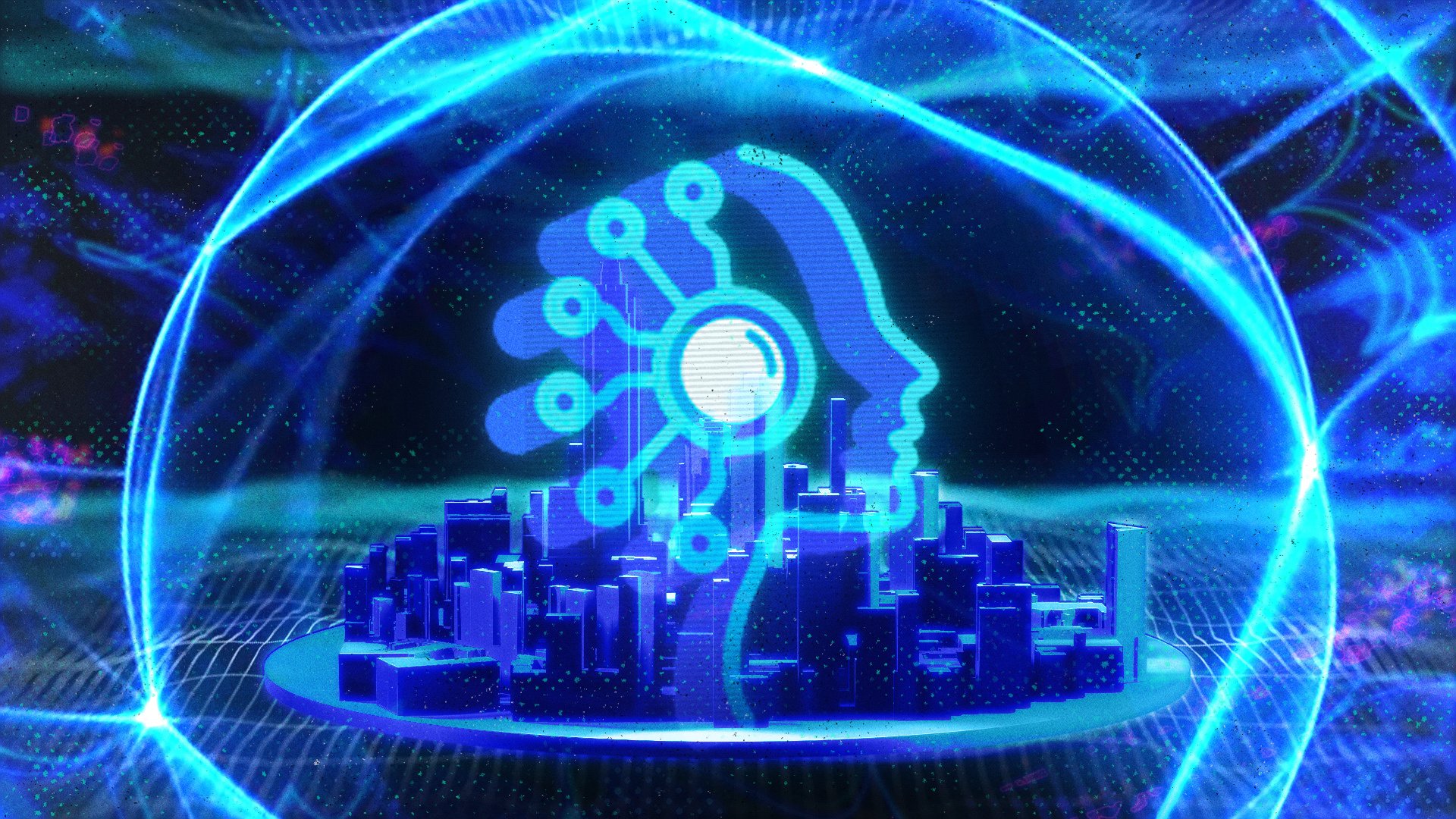An illustration of a city surrounded by a glowing bubble. A neon, futuristic head floats above it.