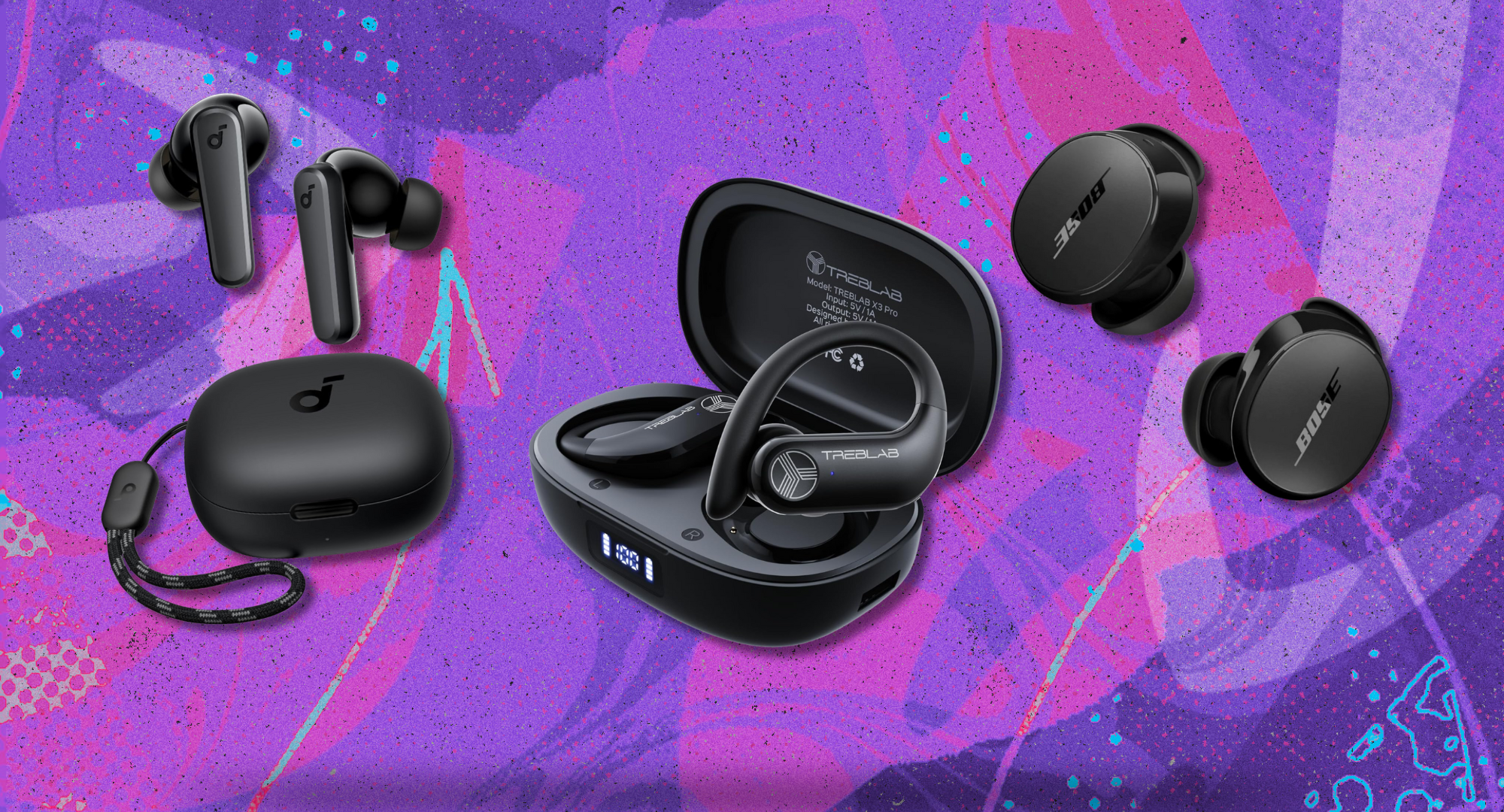 Three sets of earbuds against a purple background.