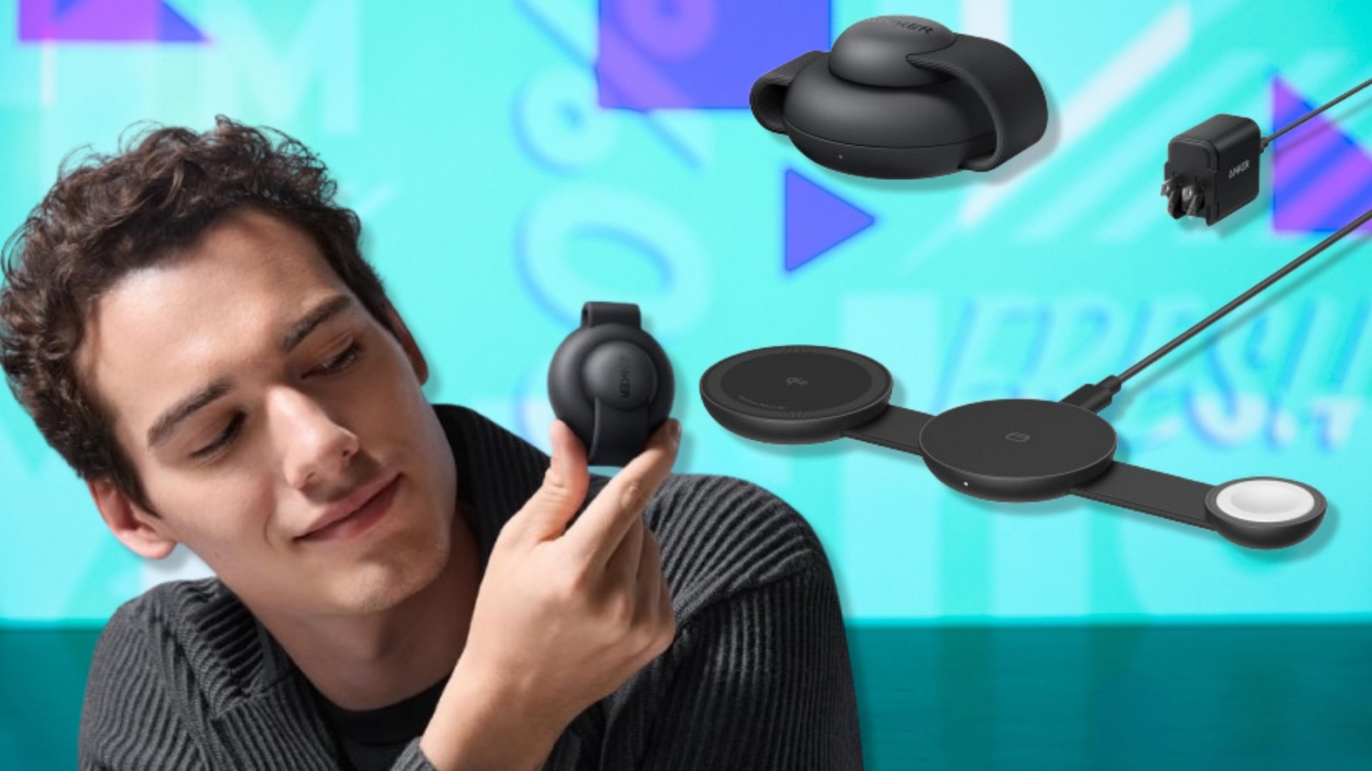 The Anker MagSafe Compatible MagGo UFO 3-in-1 Charger on a blue background