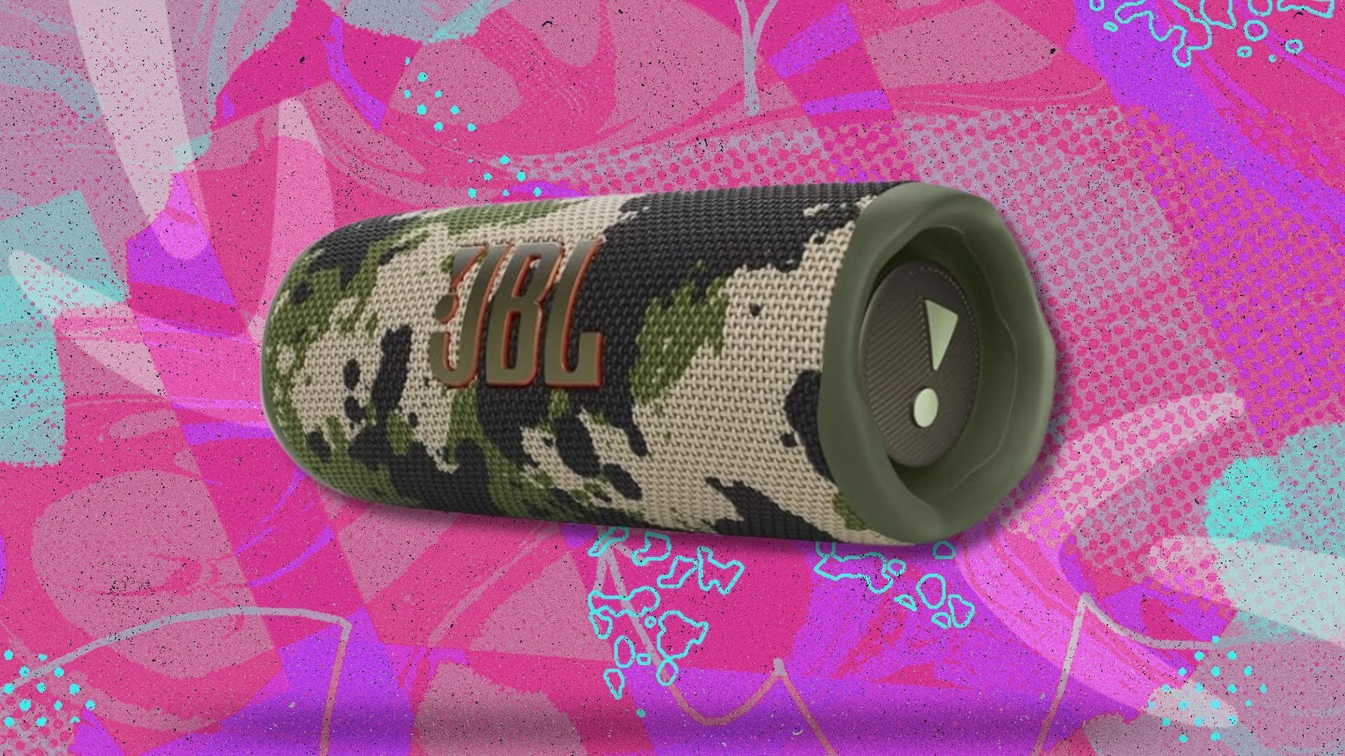 the JBL flip 6 in camo on a pink background