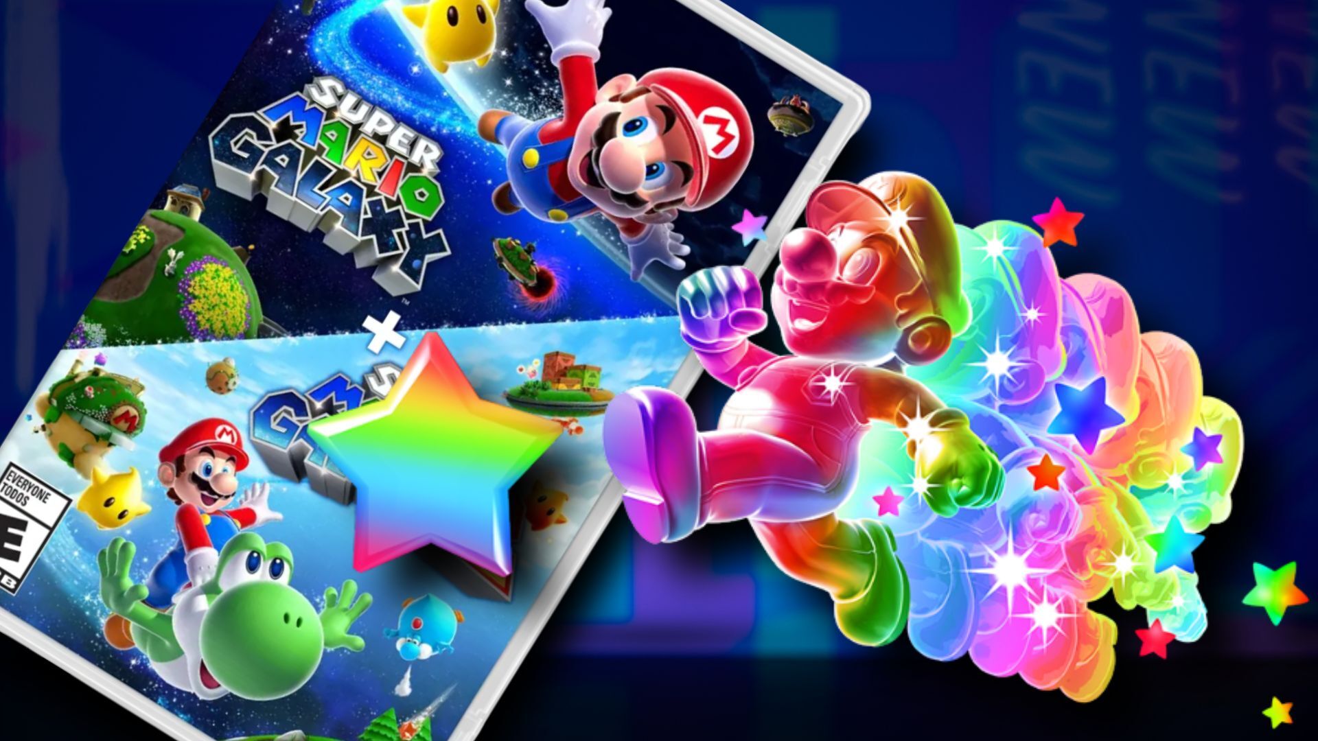 Super Mario Galaxy 1 + 2 box art and Rainbow Mario on a blue patterned background