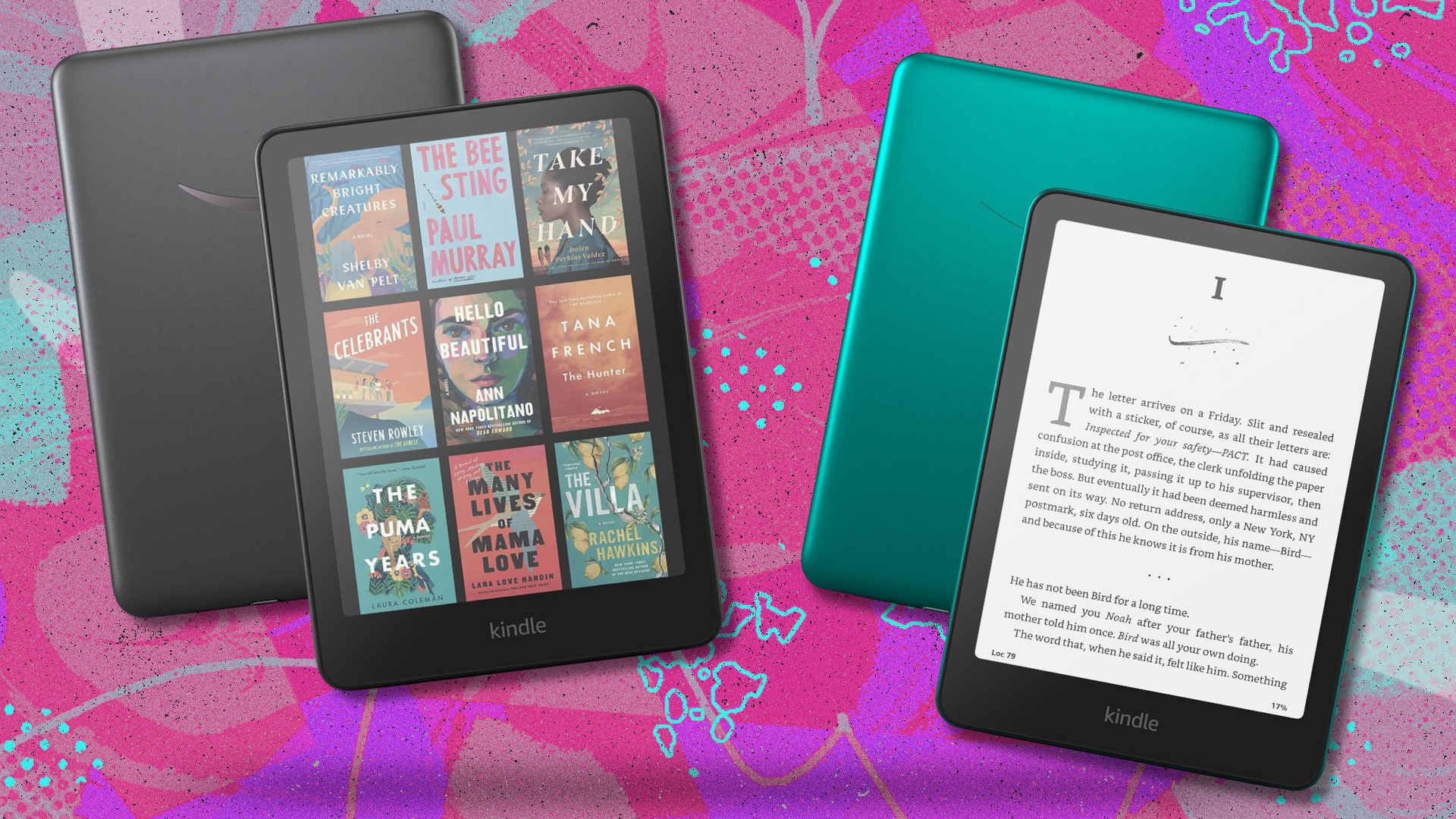 Two Kindles on a colorful background