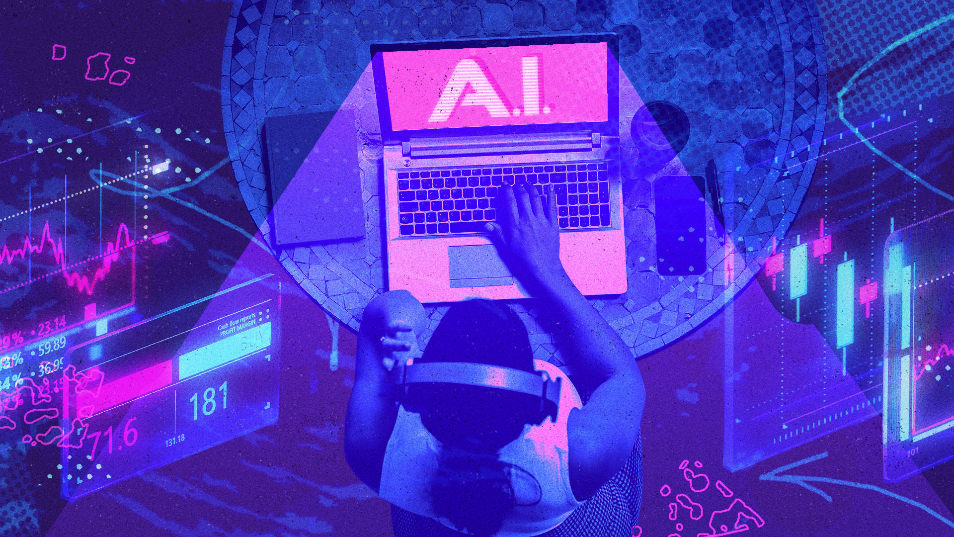 An overhead-perspective illustration of a person using a laptop.