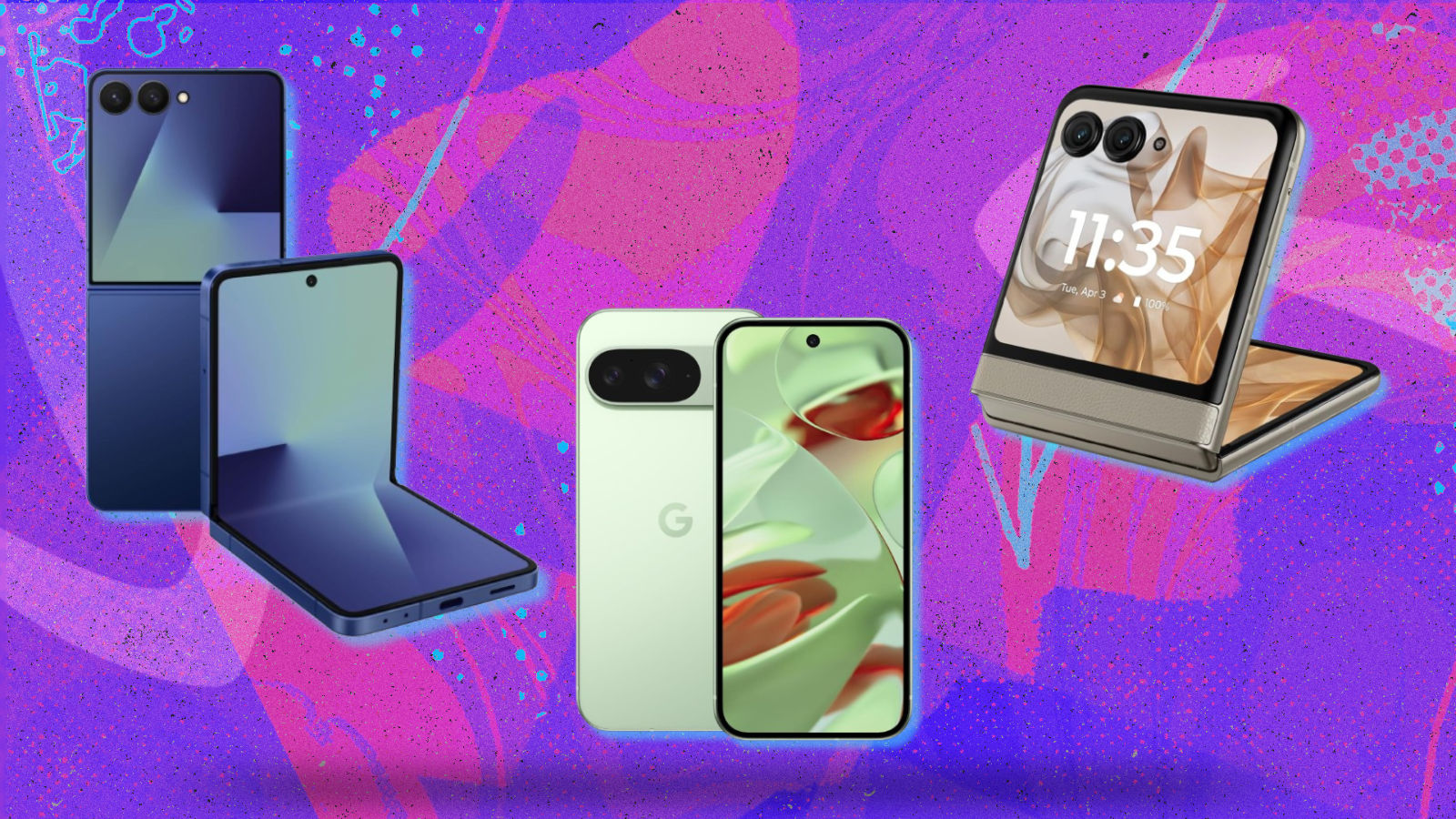 Samsung Z Flip7, Google Pixel 9, and Motorola Razr with pink and purple backgorund