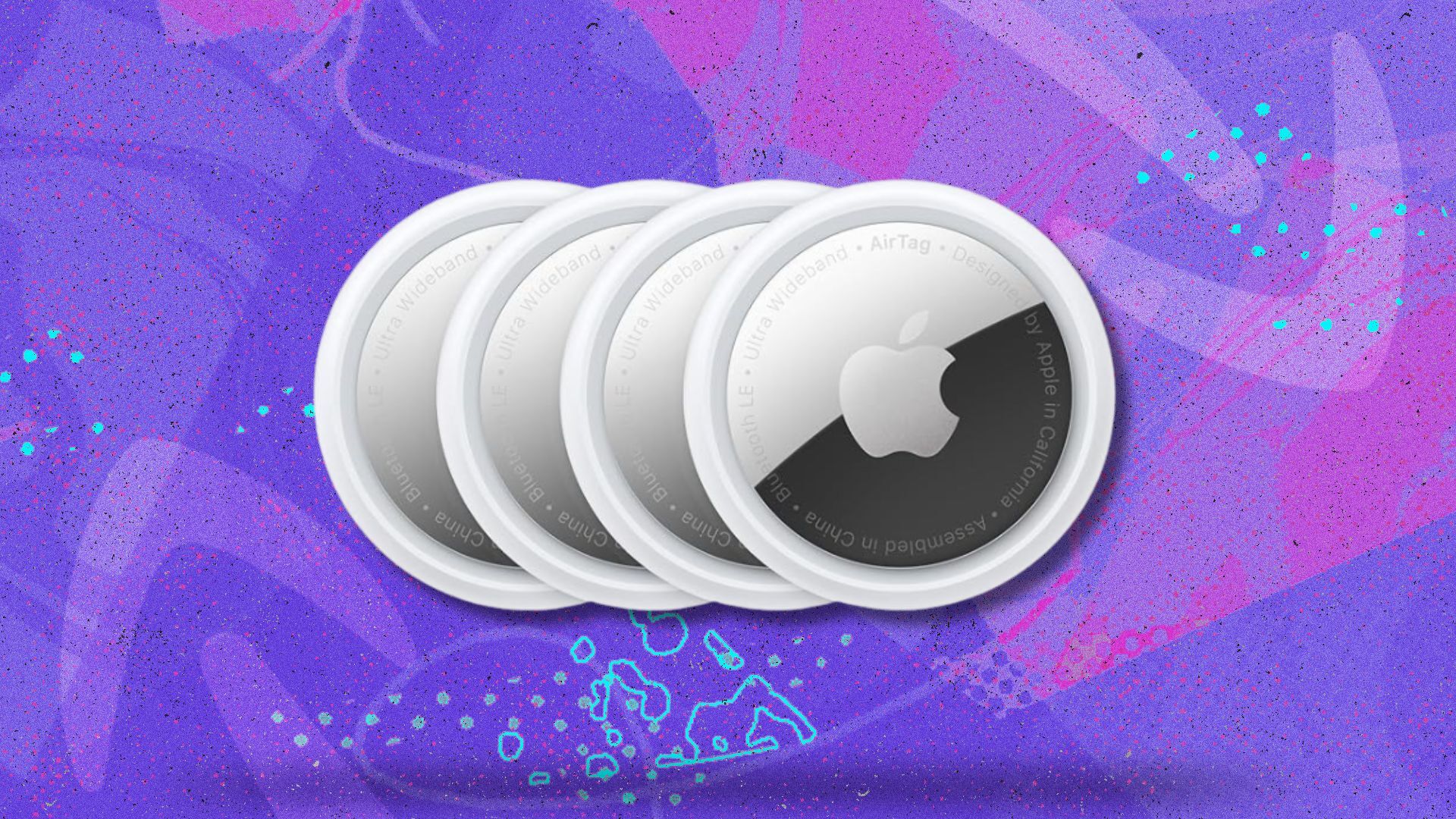 four apple airtags in a row and overlapping each other on a purple background
