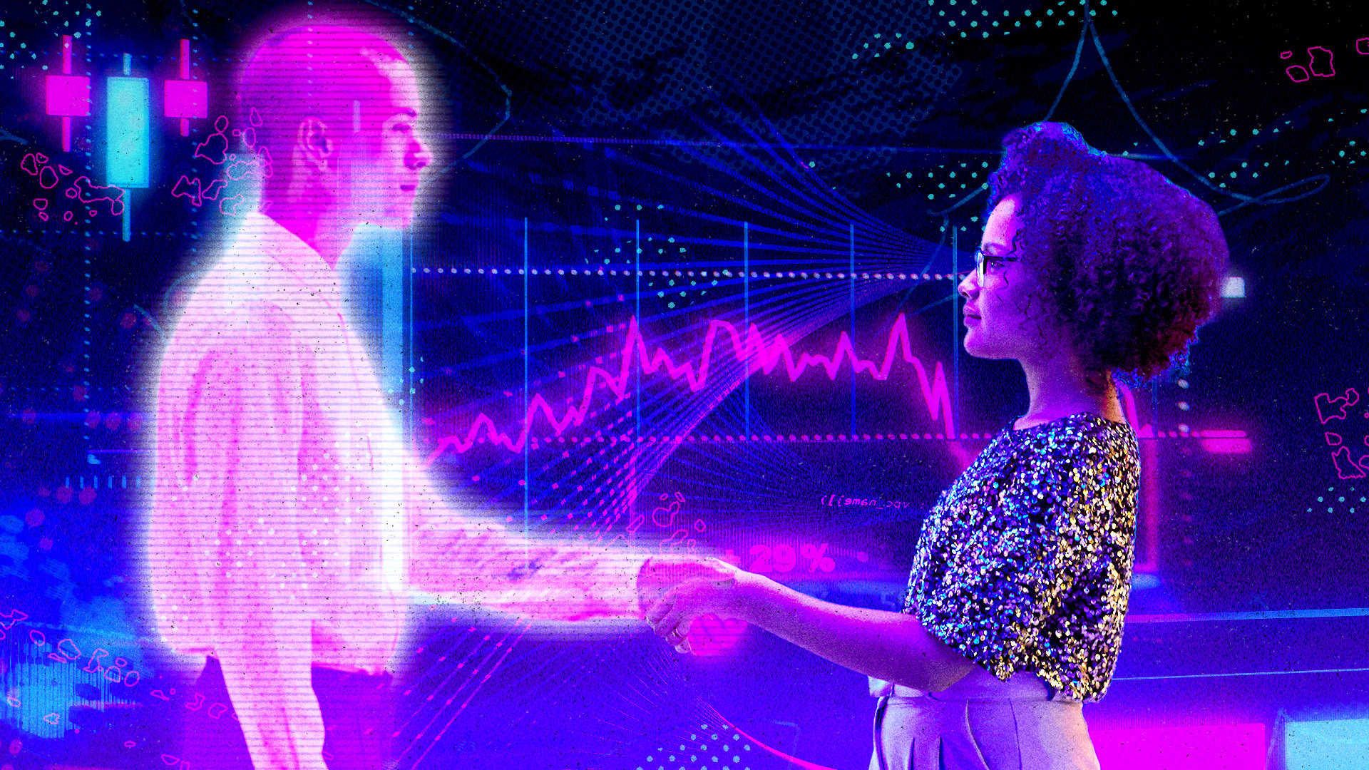 Two people, one of them appearing to be translucent, shaking hands.