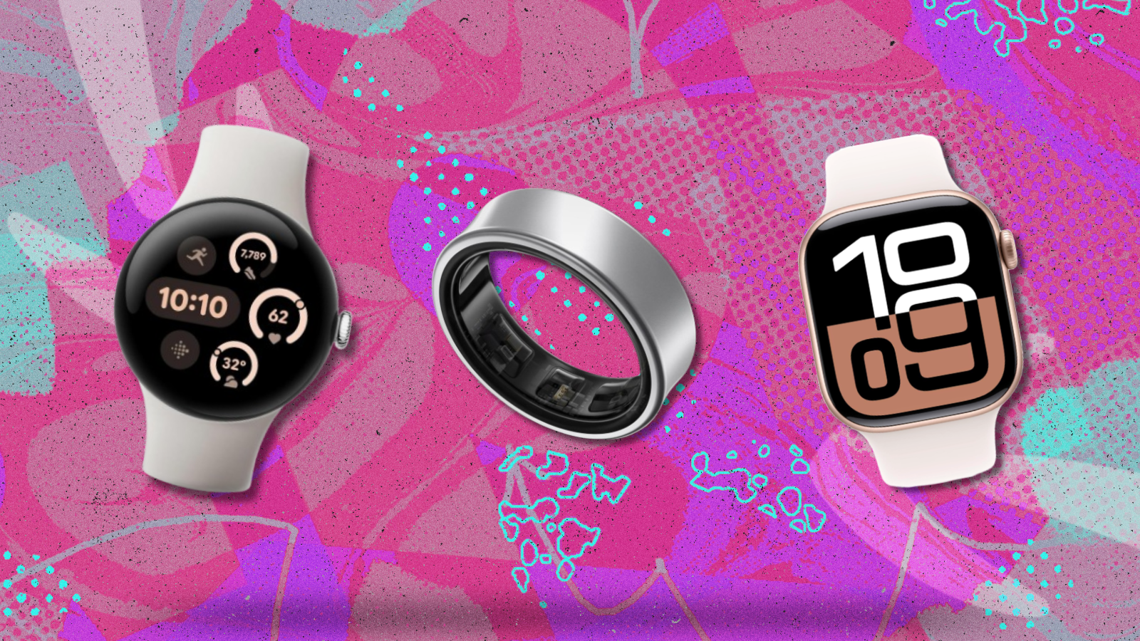 Apple Watch Series 10, Samsung Galaxy Ring, and Google Pixel Watch 3 with pink colorful background