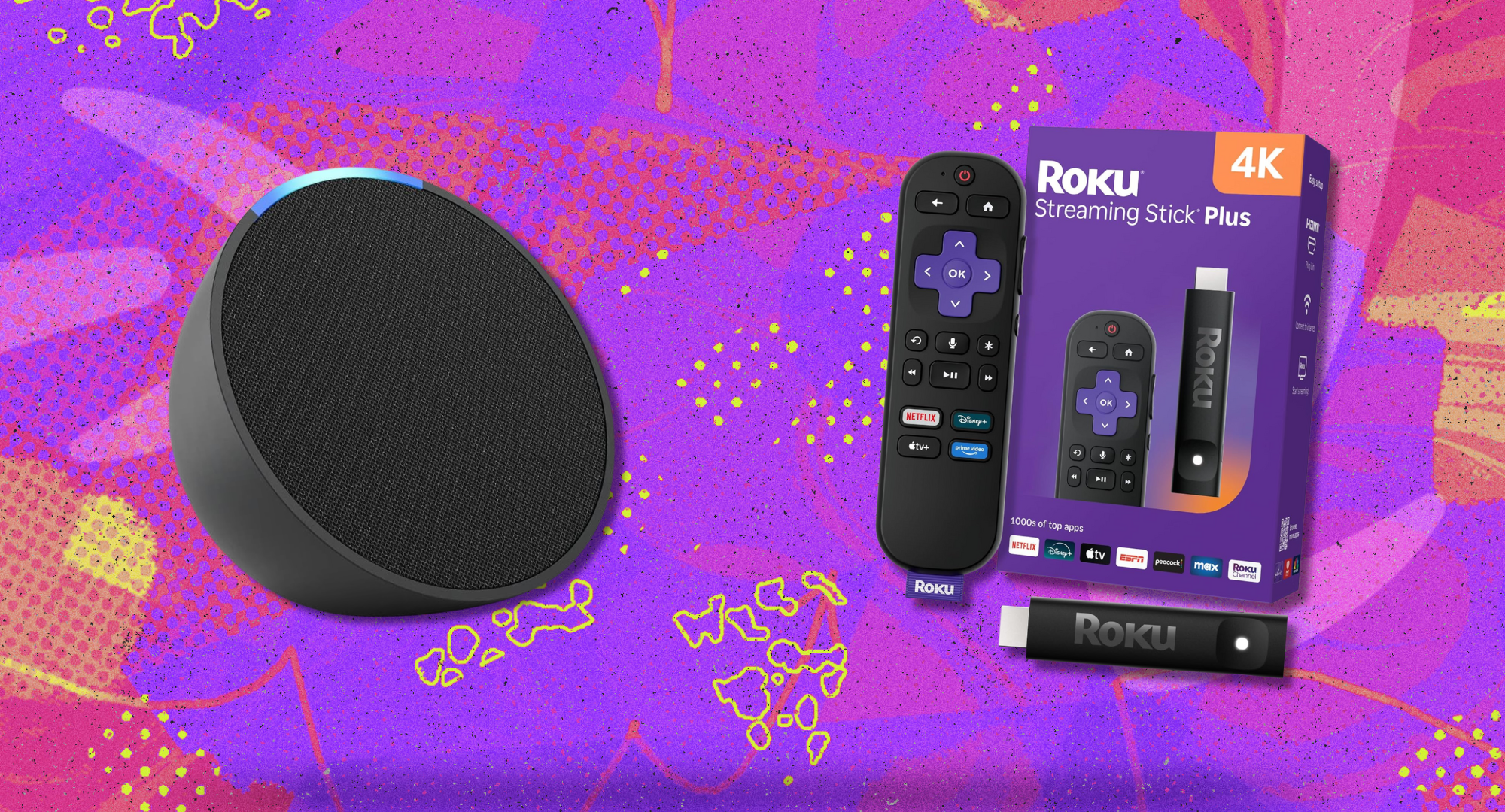 An amazon echo and roku streaming stick against a purple background.