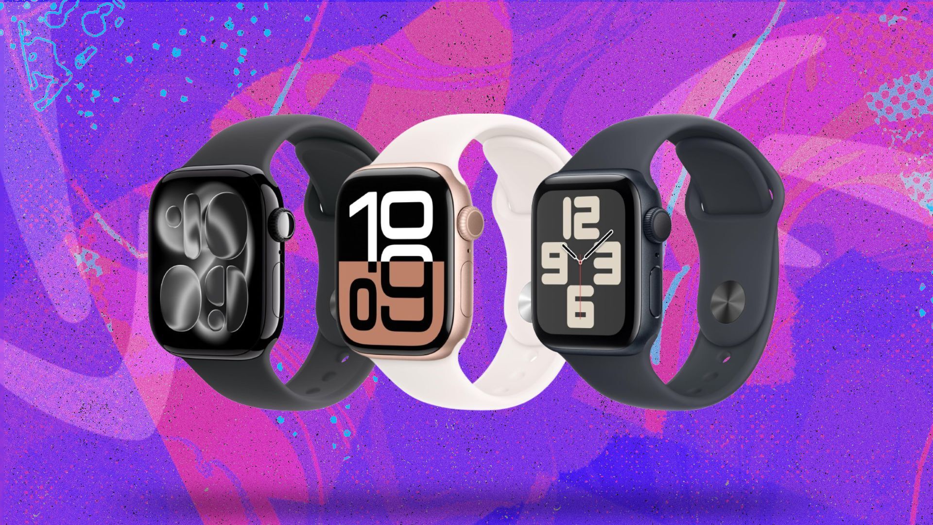 three apple watches on purple background
