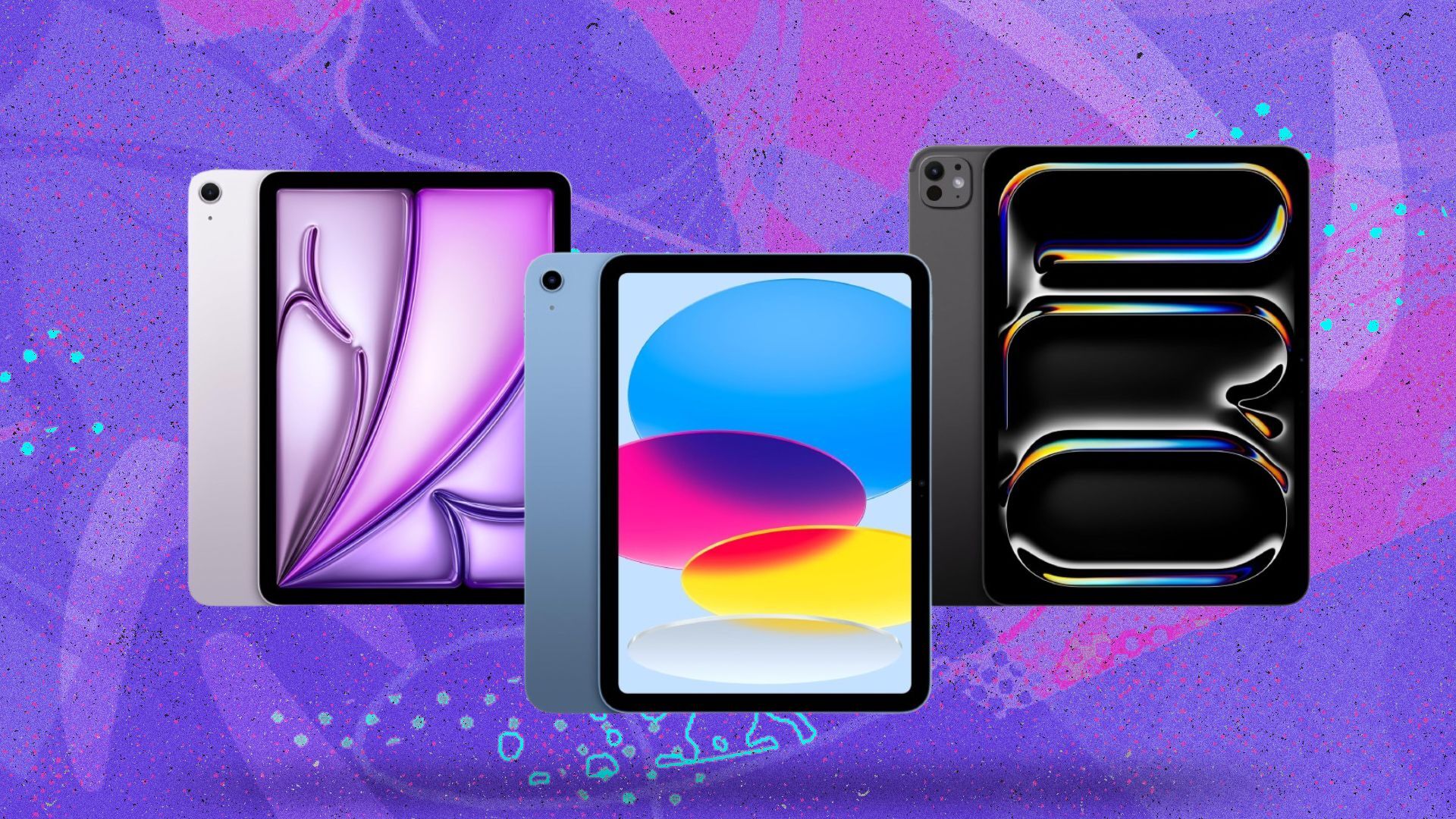 three ipads on purple graphic background
