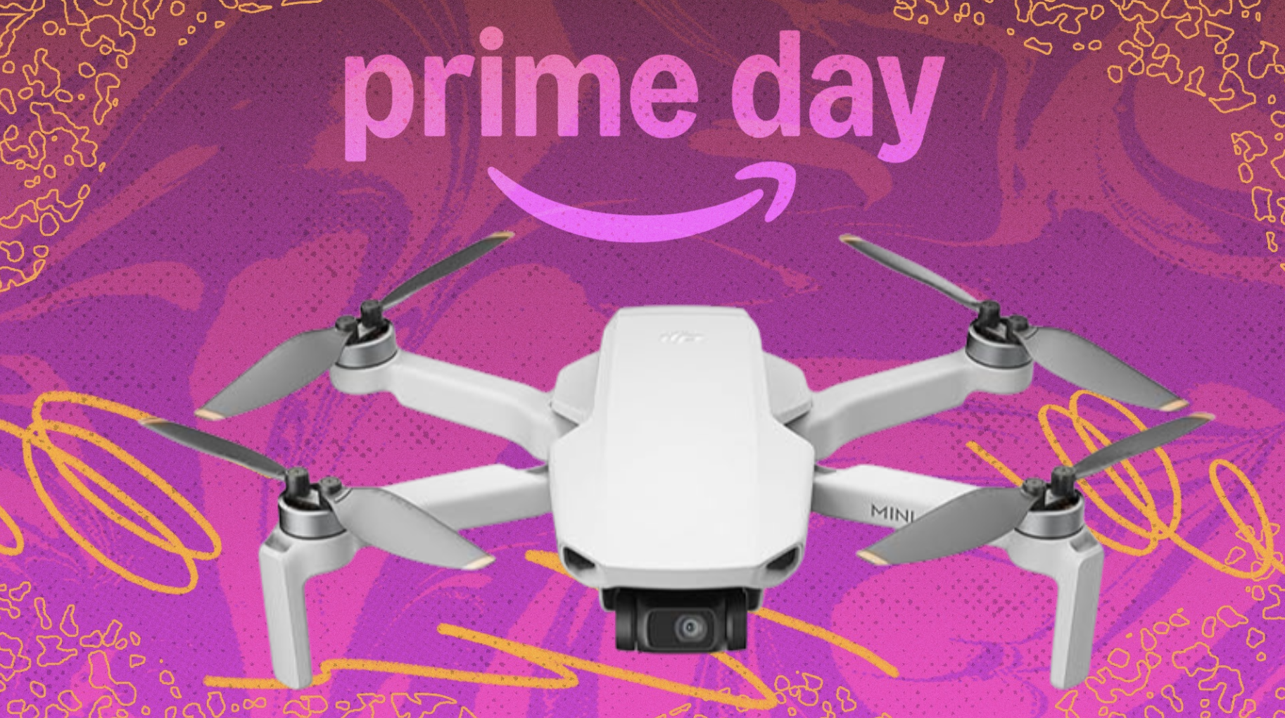 a dji drone on a red background with prime day written above