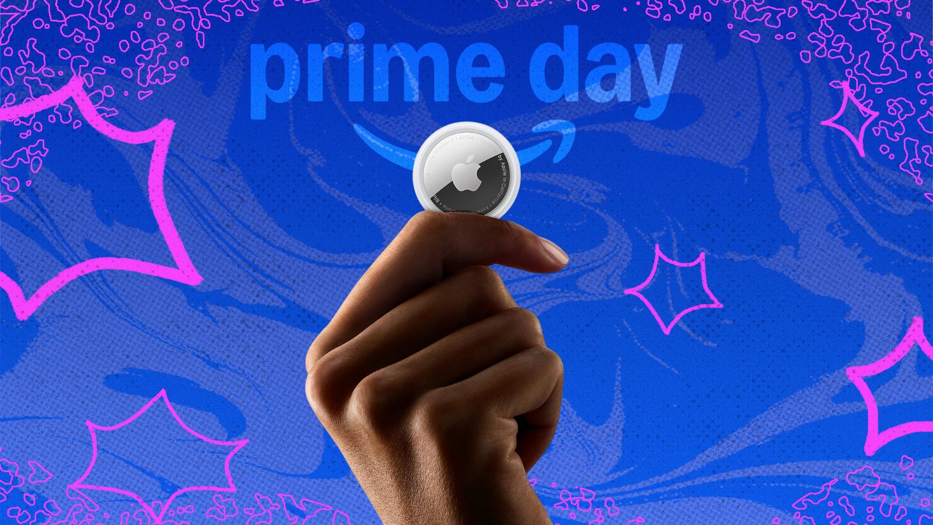 hand holding up apple airtag on background that says 'prime day'