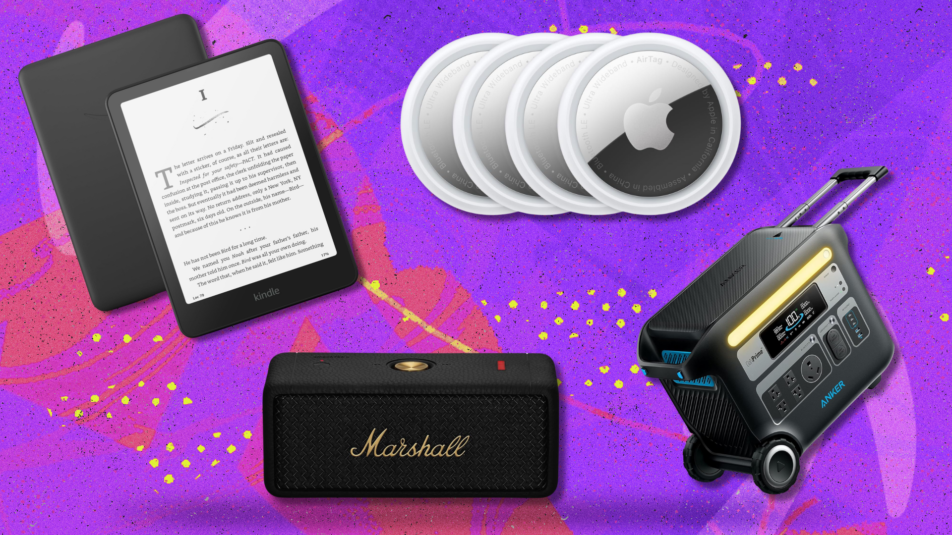 An Amazon Kindle, Apple AirTags, Marshall speaker, and Anker power station on a colorful background.