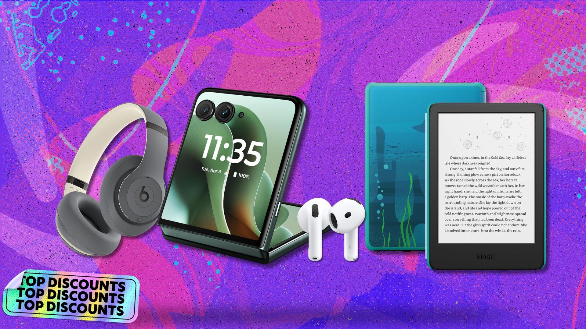 beats headphones, airpods, kindle, and motorola razr phone on purple background with sticker that says 'top discounts'