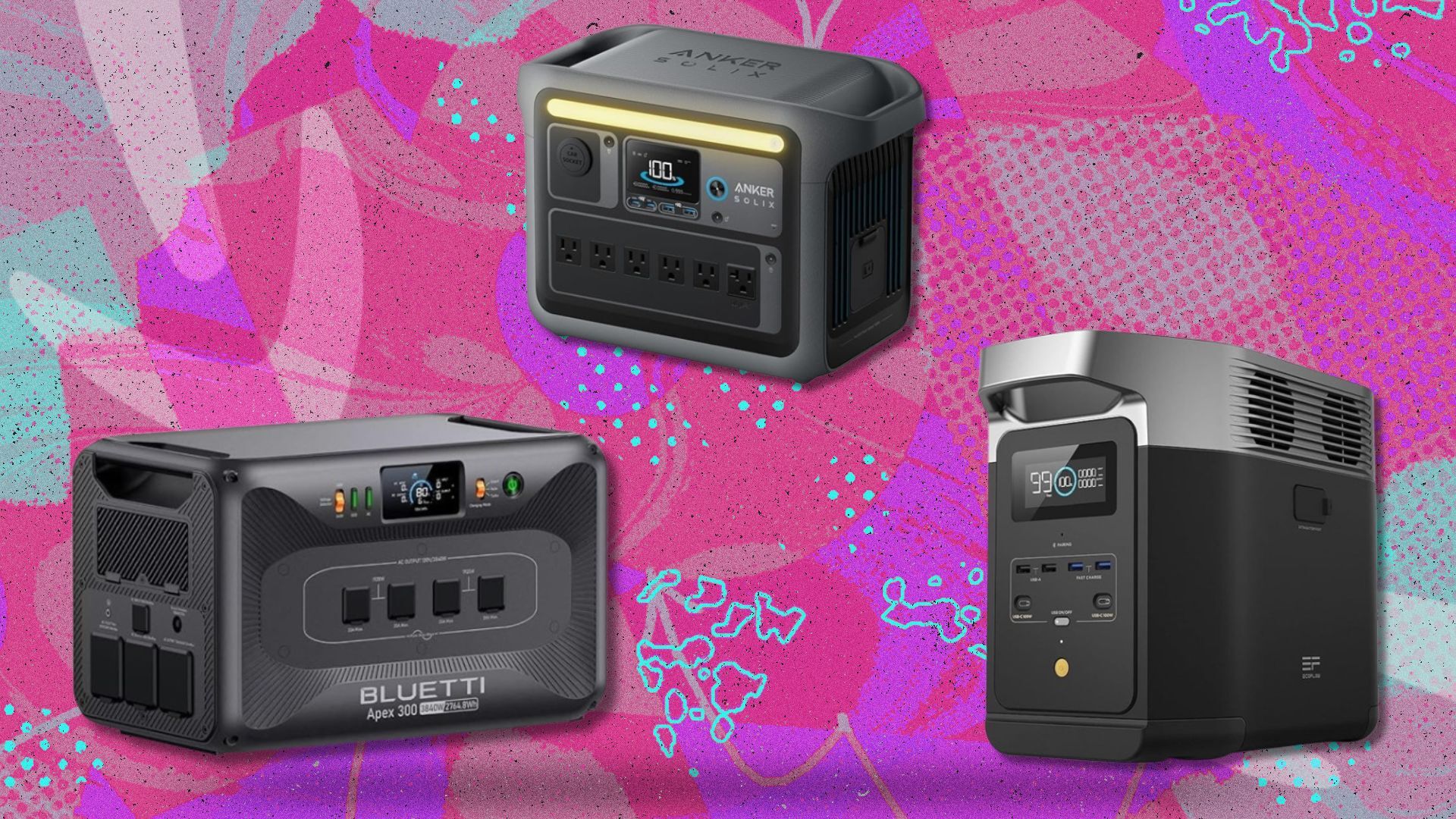 portable power stations from bluetti, anker, and ecoflow on a colorful pink and orange background
