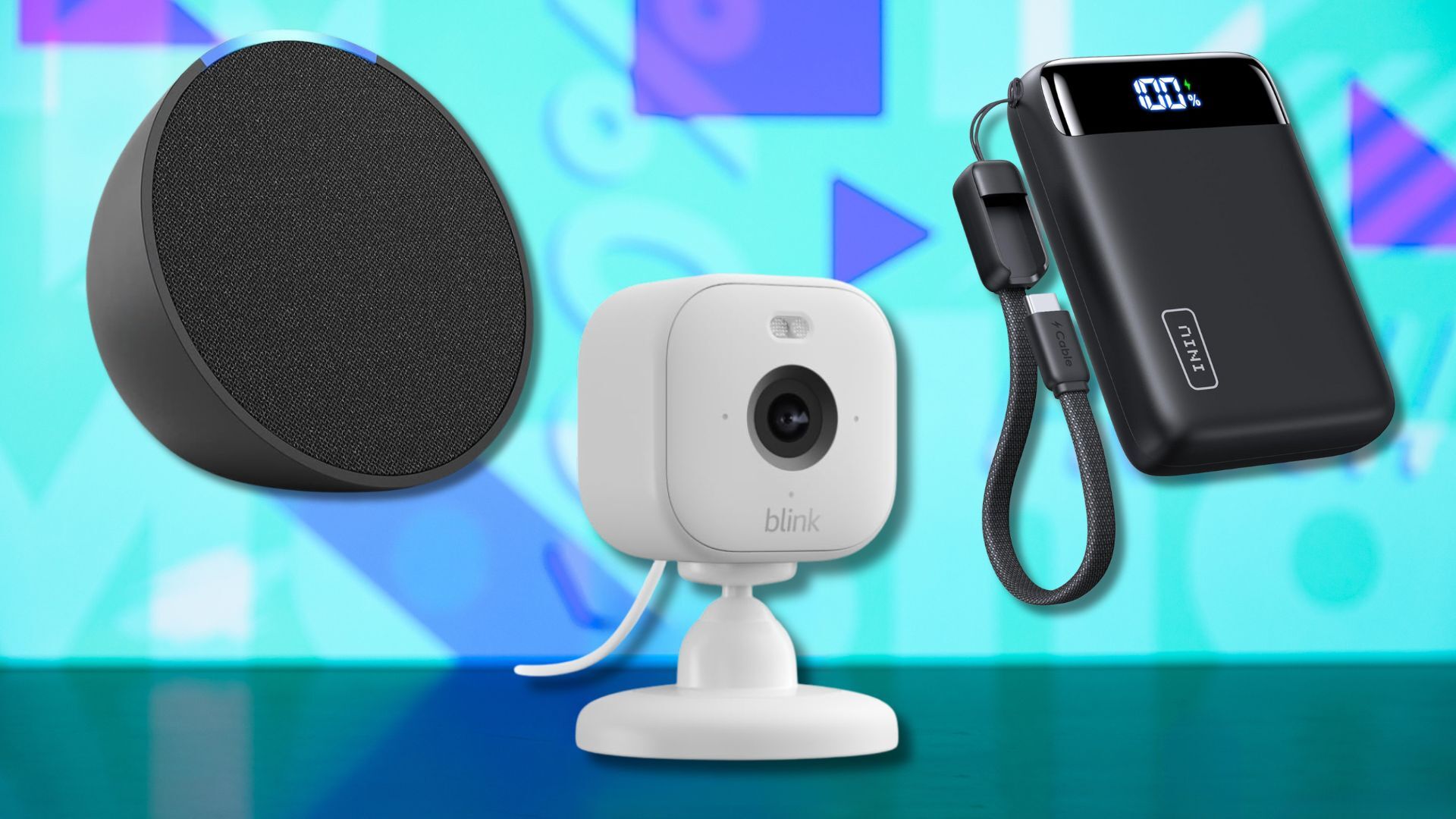 from left to right: an echo pop, blink mini 2 security camera, and iniu portable charger against a light blue patterned background