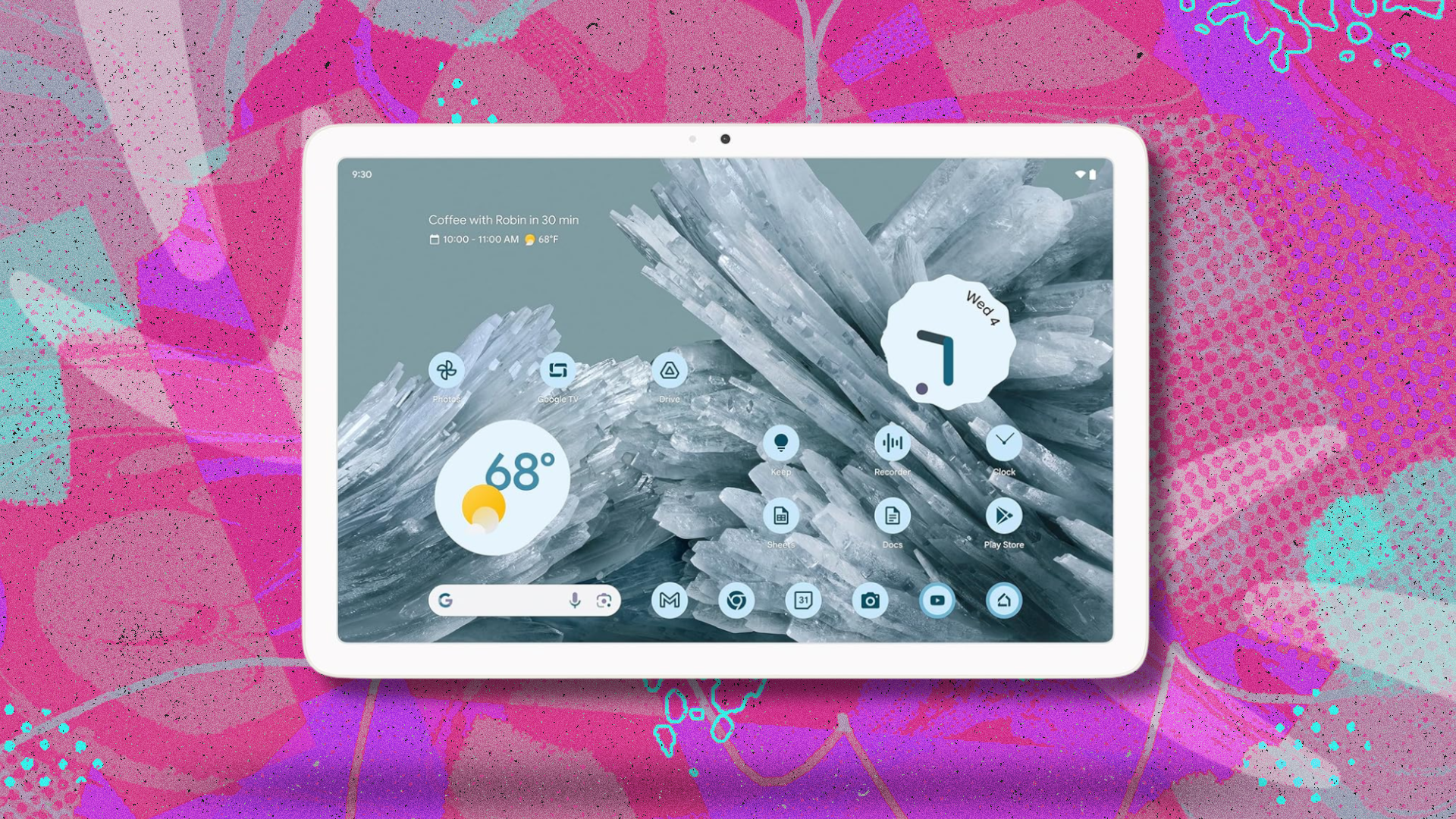 Google Pixel Tablet on pink and teal abstract background