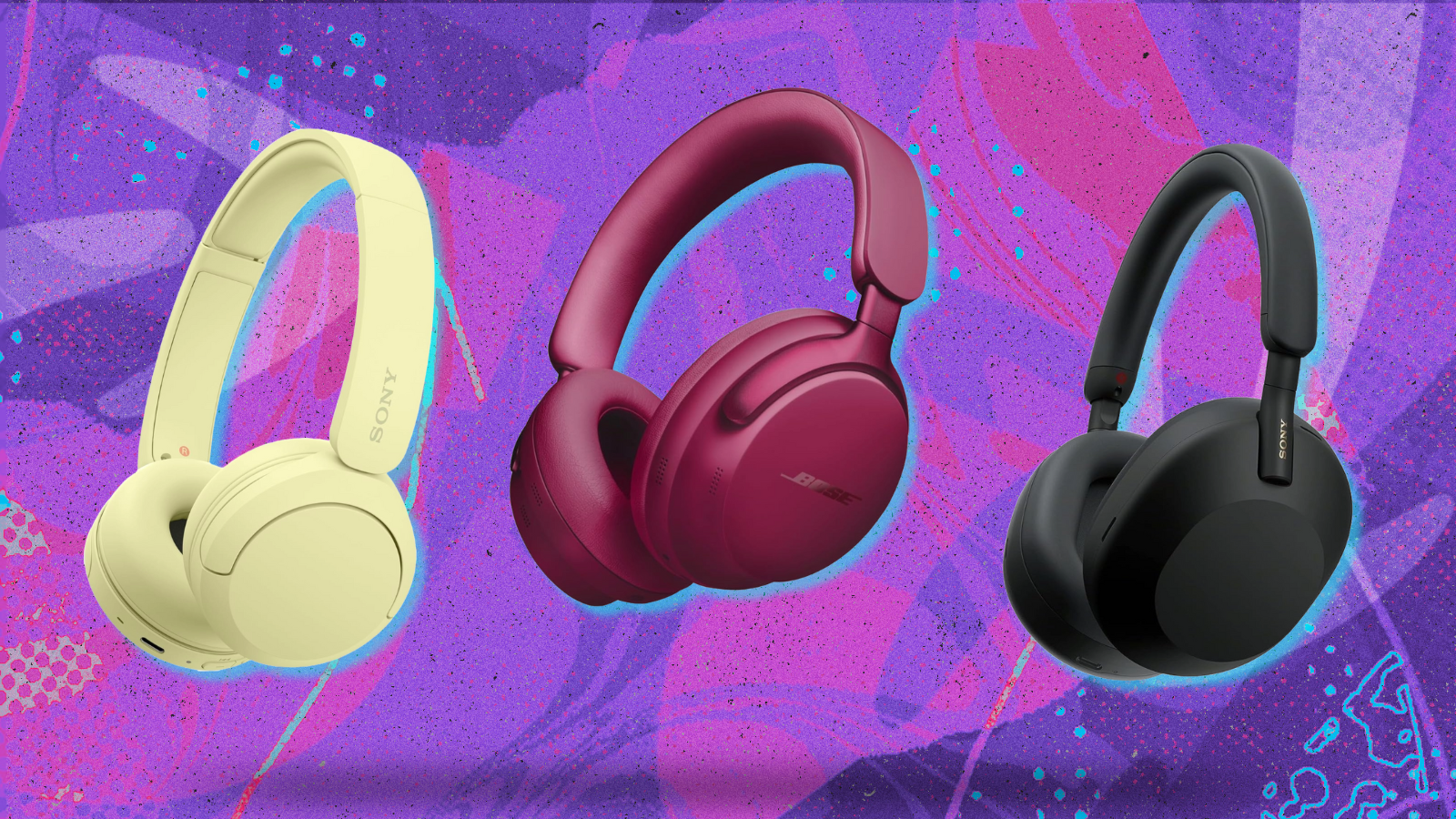 yellow Sony headphones, plum Bose headphones, and black Sony headpones with purple nad pink background