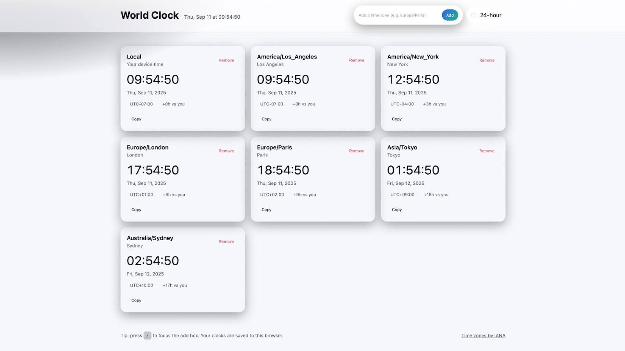screenshot of a chatgpt-generated website showing clocks of various time zones