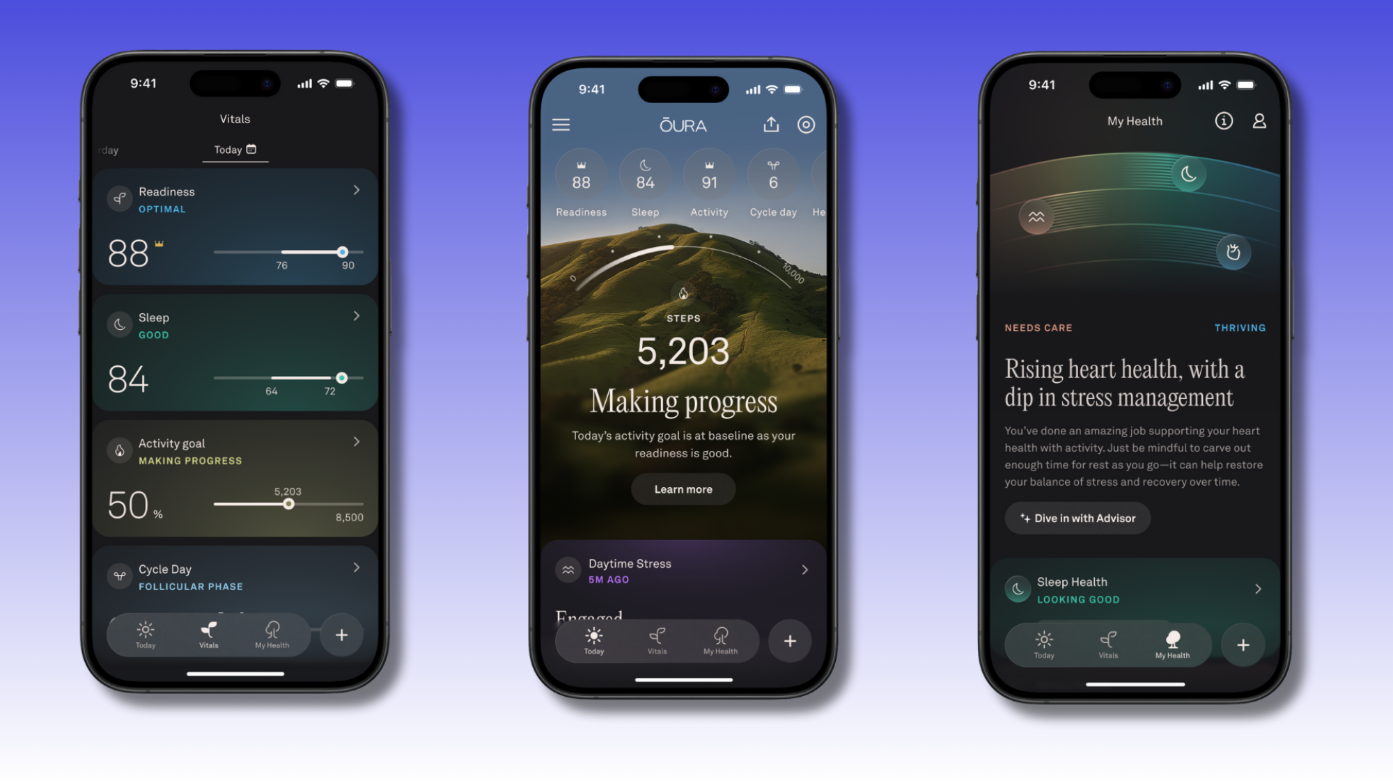 Three iPhones showing the Oura app on a colorful background.