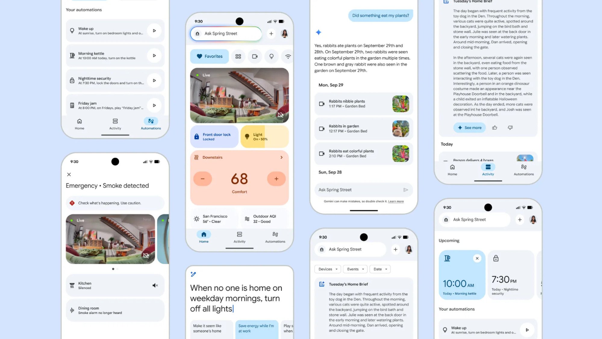 Smartphone screens showing Google Home app interface with automations, security alerts, activity logs, and smart device controls.